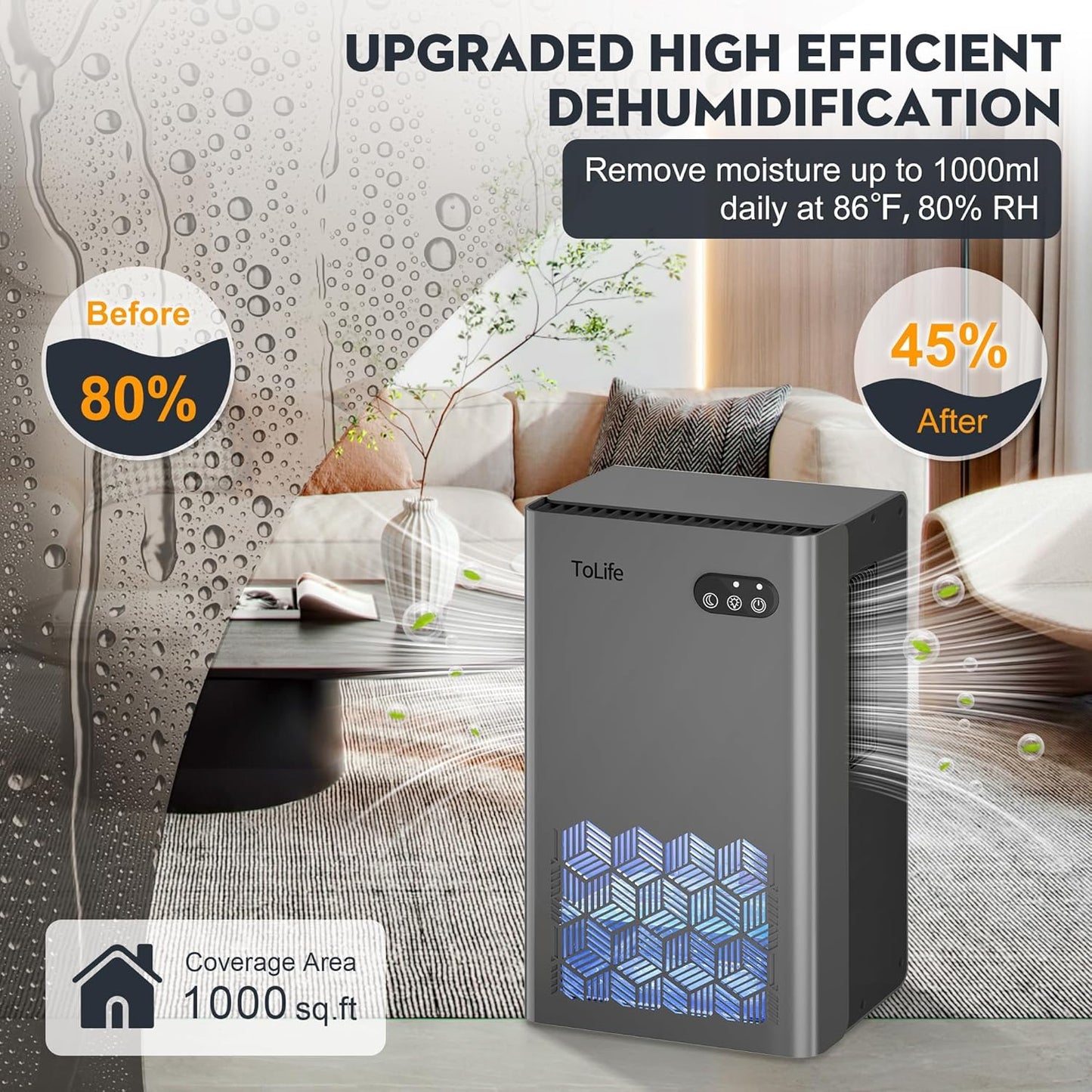 ToLife Dehumidifier for Home 95 OZ Water Tank, 1000 sq.ft Dehumidifiers for Basement Bedroom Bathroom with Auto Shut Off 7 Colors LED Light, Grey