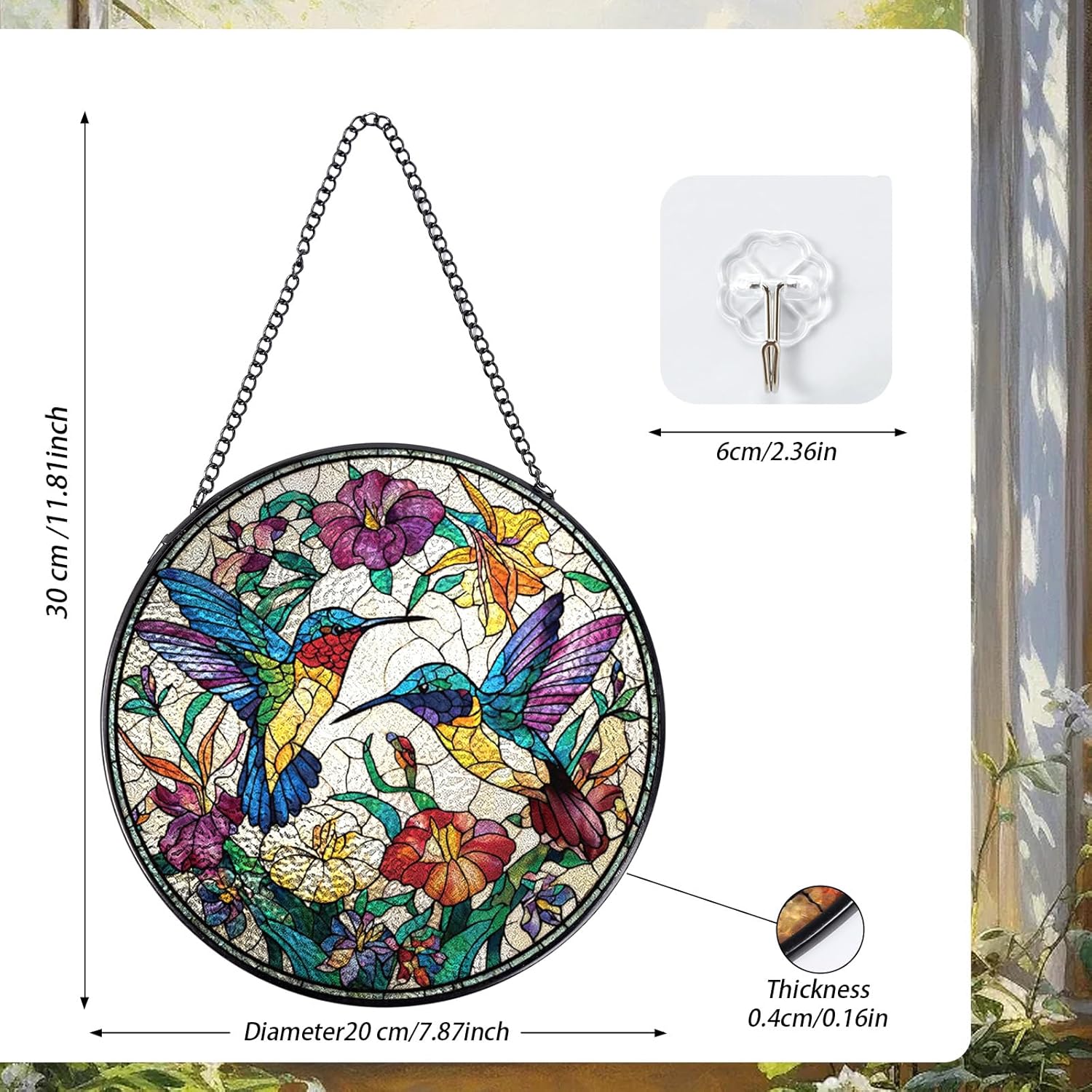 Hummingbird Stained Glass Window Hanging, 7.8″ Sun Catchers with Hook 