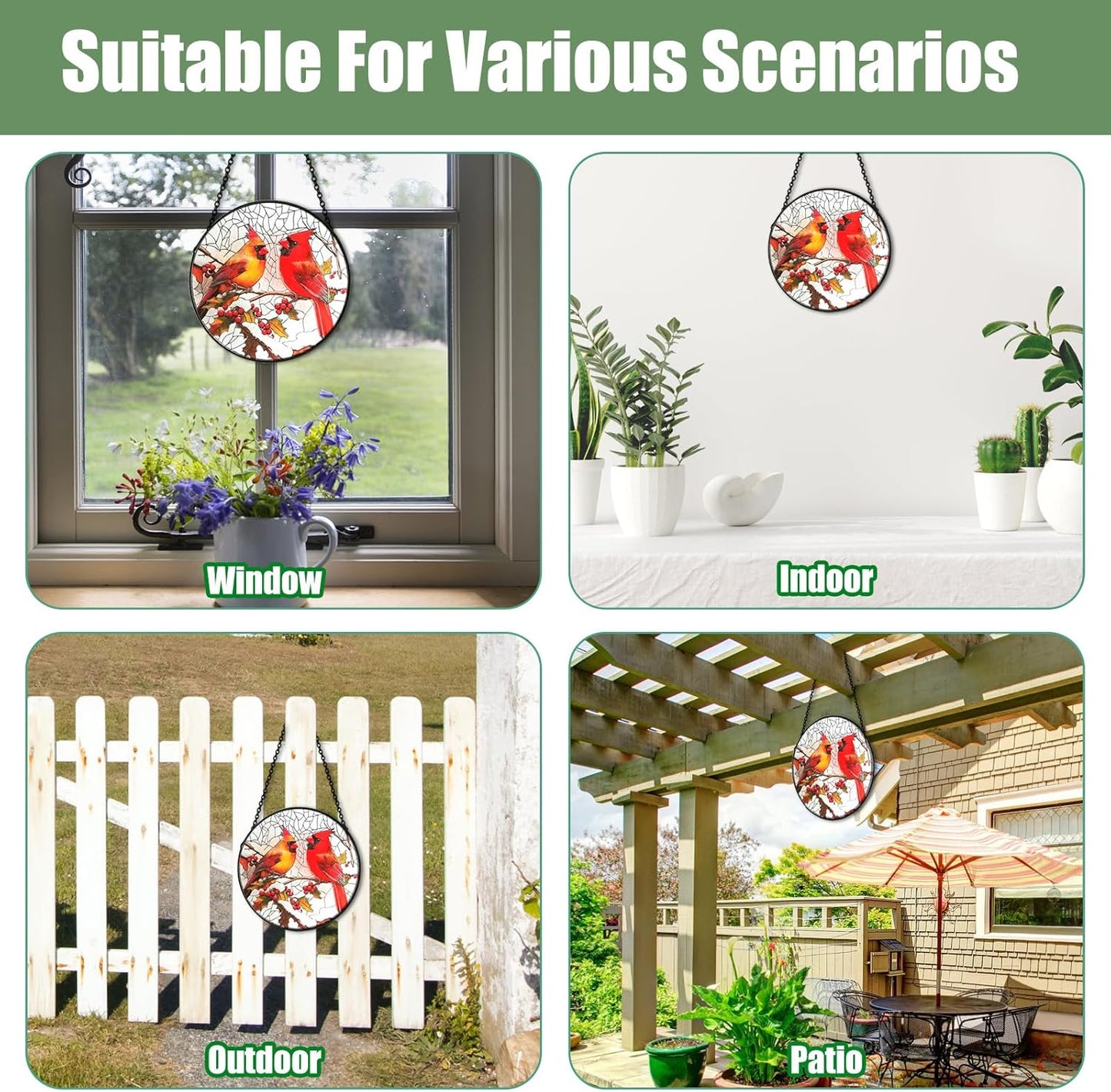 6 Inch Stain Glass Window Hanging, Window Suncatcher with Metal Chain, Cardinal Suncatcher Stained Glass for Bird Lovers Women, Garden, Home, Housewarming Gifts