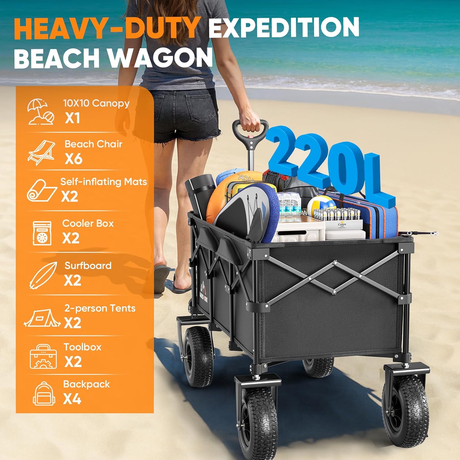 Beach Wagon with 10x3.5 Big Rubber Wheels for Sand, 400lbs Heavy Duty 