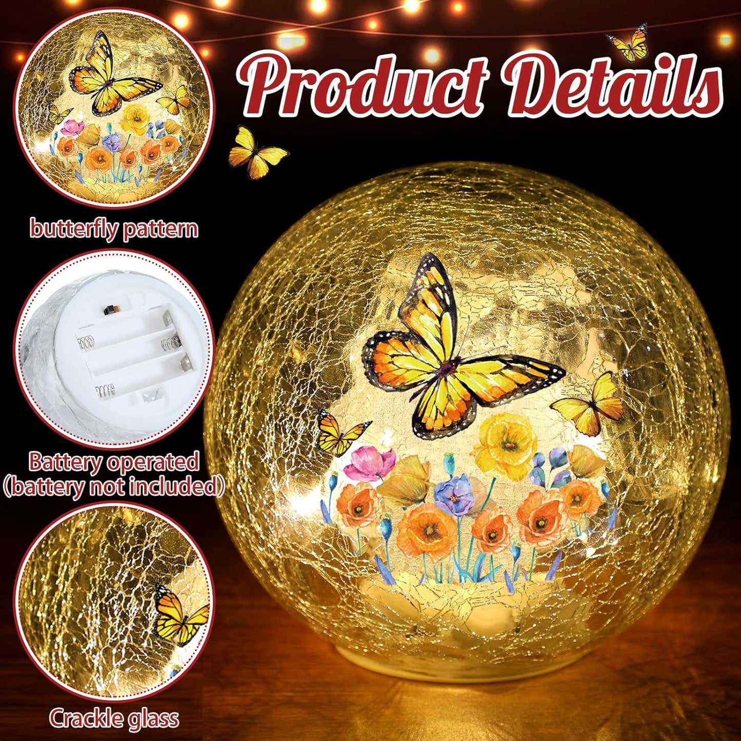 3pcs Spring Crackle Glass Ball Lights - Butterfly Ball Lamp Ornaments 