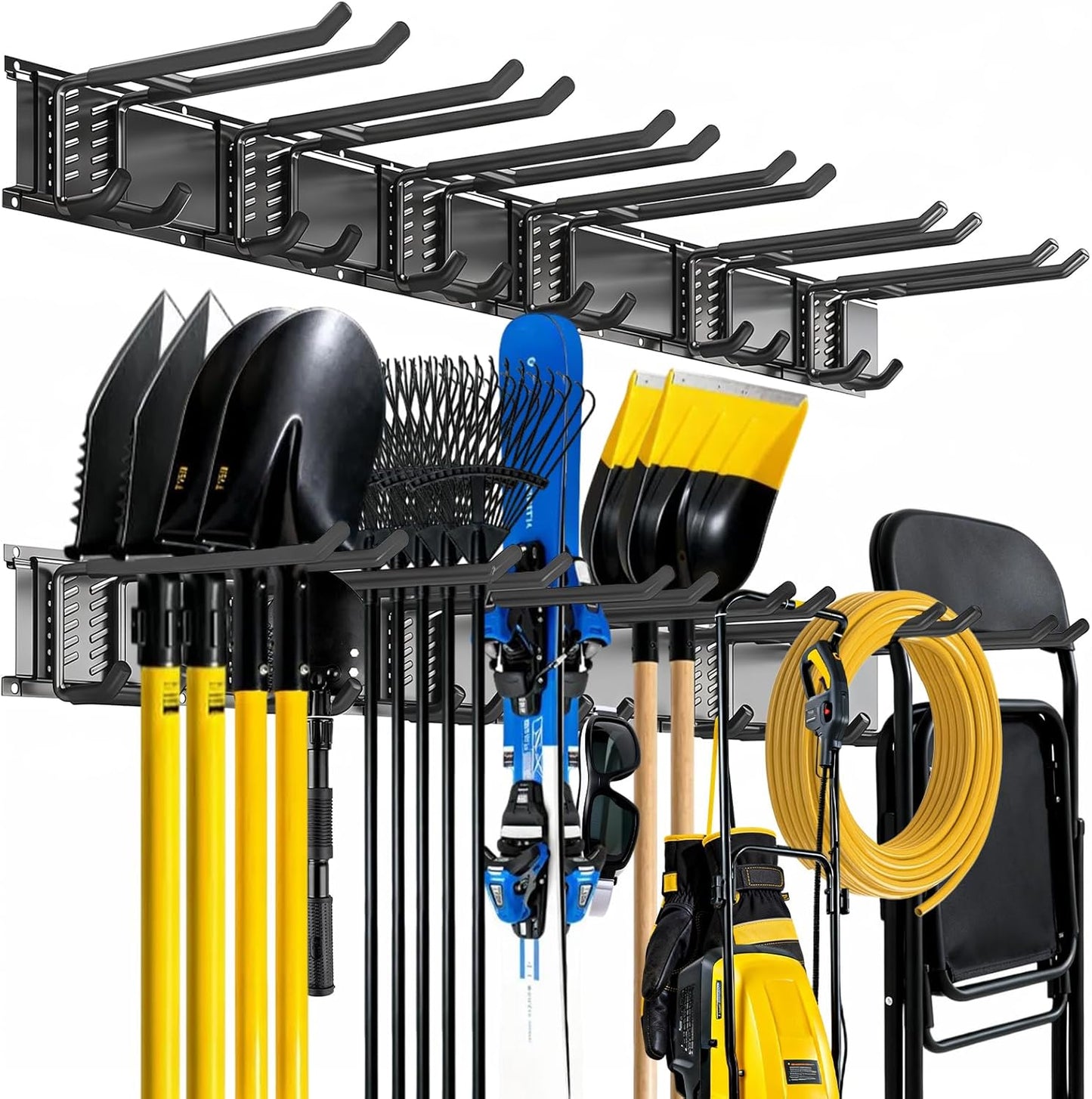 Garage Tool Organizer Wall Mount, Easy to 48inch Install Heavy-Duty Garage Storage System with 6 Adjustable Double Layer Hooks, Garden Tool Rack for Shovels, Rakes, Yard Tools