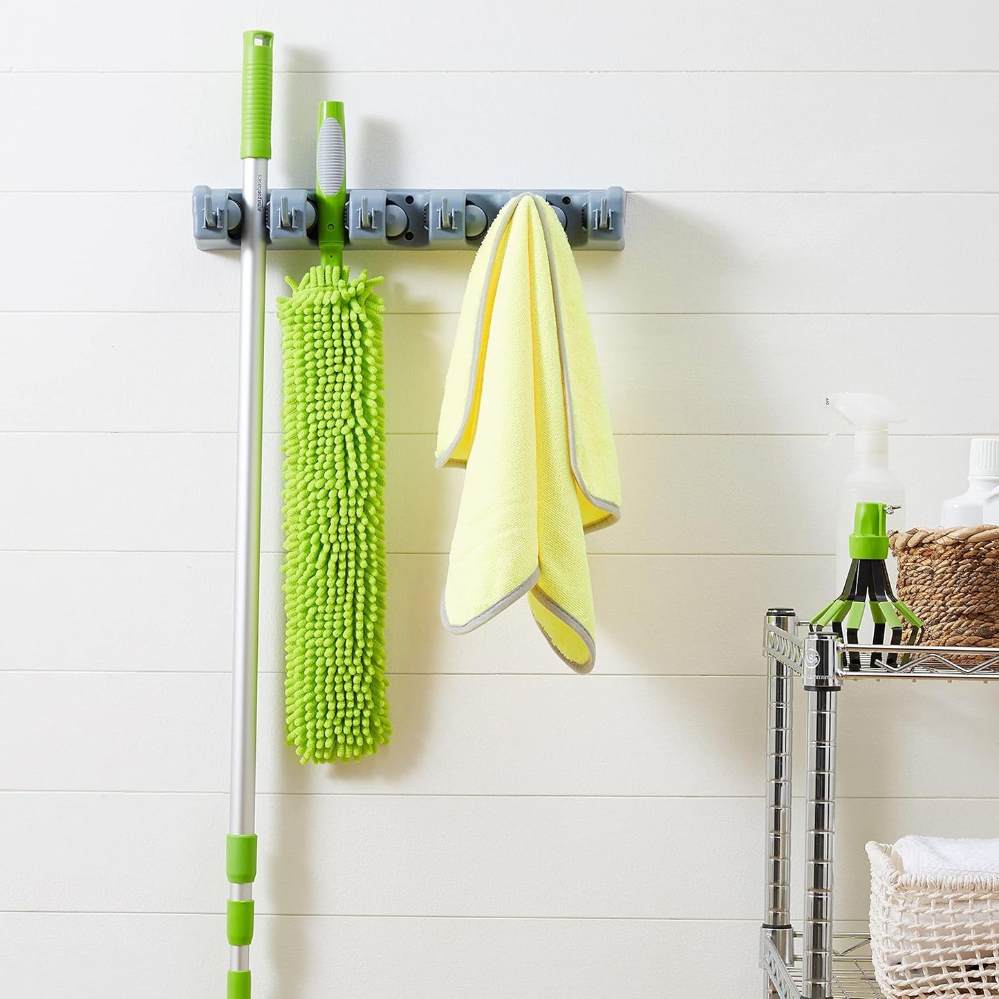 Amazon Basics Rectangular Heavy Duty Wall Mount Broom and Mop Holder, 