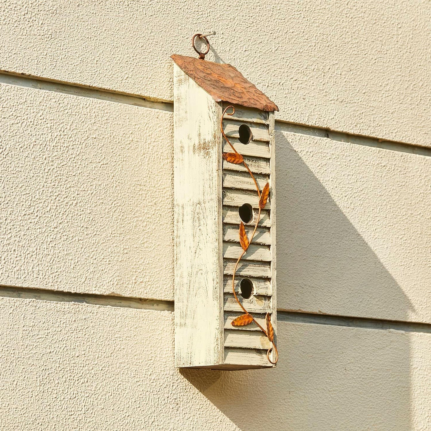 Glitzhome Bird Houses for Outside, 18" H Three-Story Solid Wood Cottage Decorative Garden Birdhouse Wooden Bird Houses with Shutter Texture Hanging Hanging Birdhouses for Outdoors,Washed White