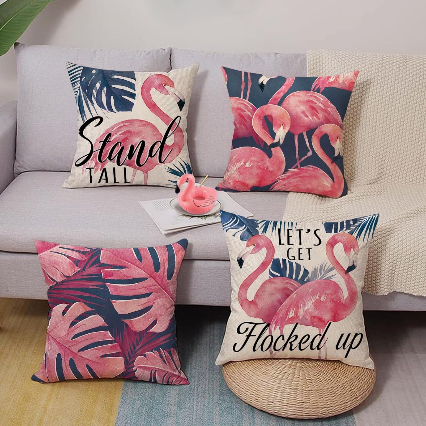 Flamingo Tropical Decorative Throw Pillow Covers 20 x 20 Set of 4, Hawaii Monstera Palm Leaves Stand Tall Porch Outdoor Home Decor, Let's Get Flocked Up Plant Couch Cushion Case