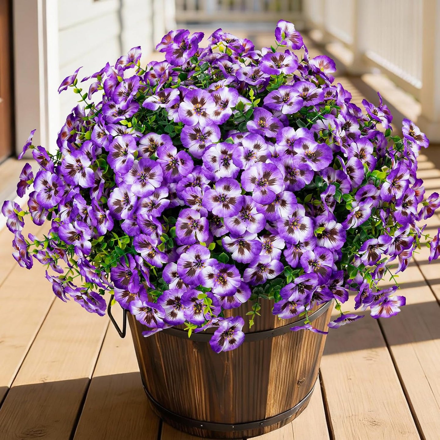 24 Pcs Artificial Fake Pansy Flowers for Outdoor,Faux Silk Plants Flowers UV Resistant Pansies Spring Flowers for Planter Front Door Porch Yard Patio garden Window Box Home Decor(Purple White)
