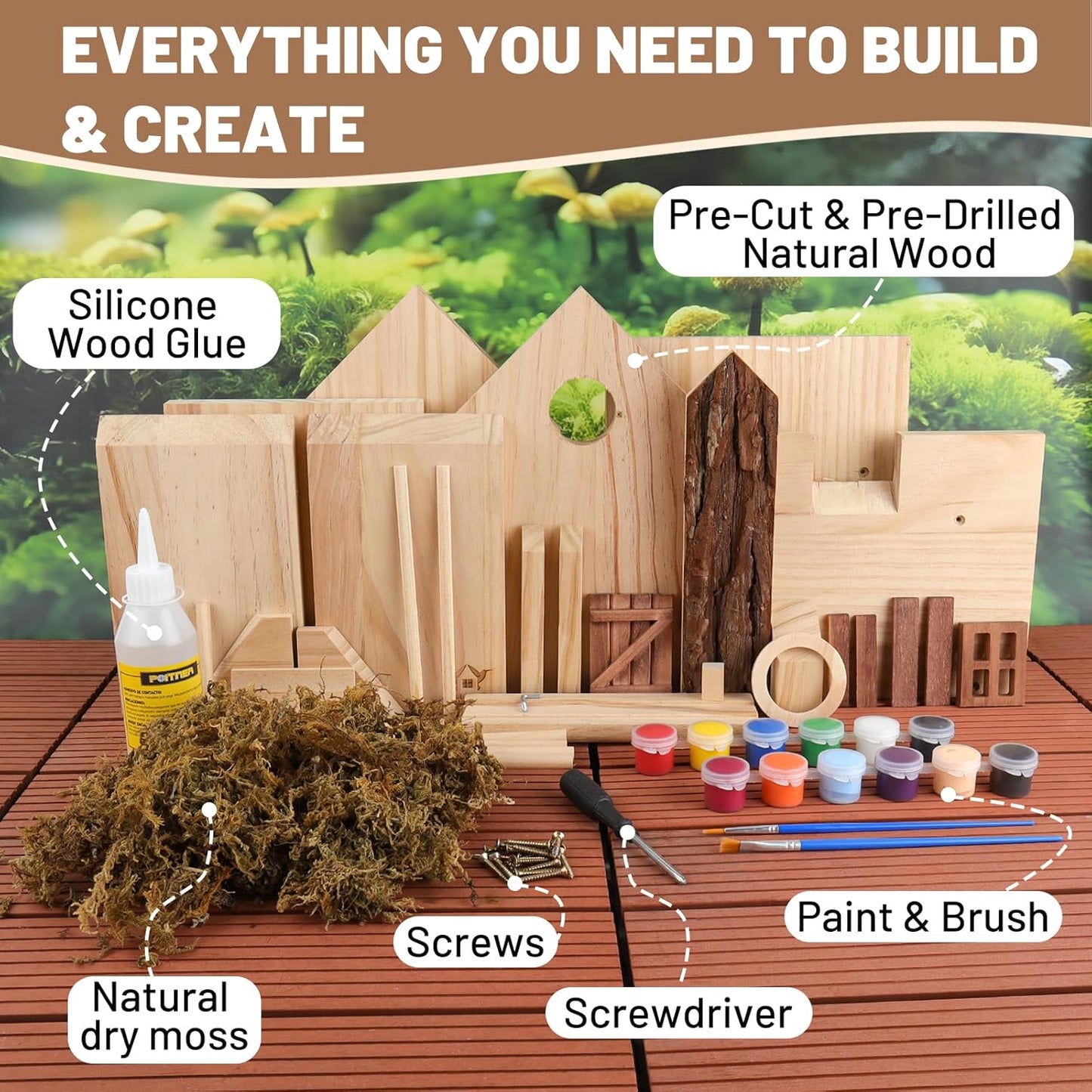 Cottage Style Birdhouse Kit - DIY Bird House for Outdoors, Cedar Roof & Front Porch, Natural Bark Siding, Premium Pine Wood, Fun Family Craft Project