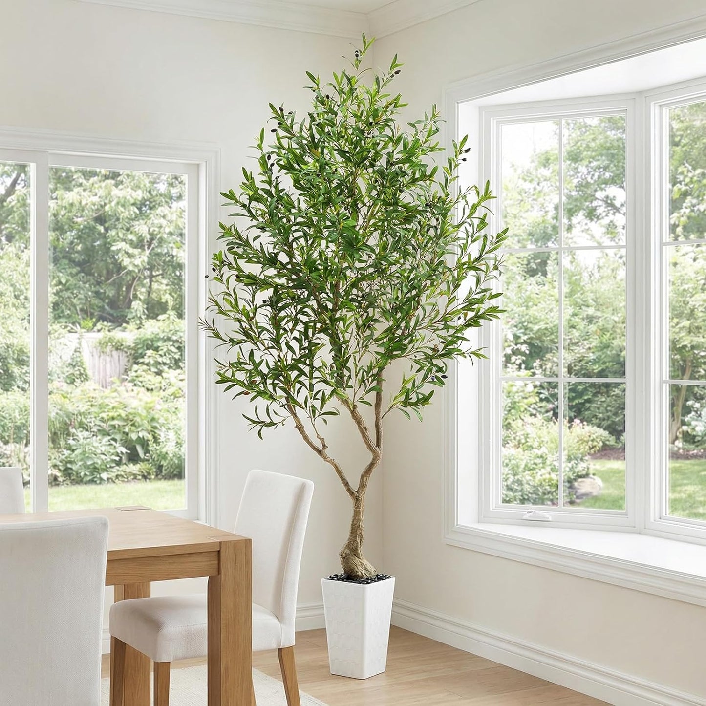 Artificial Olive Tree, 8FT Tall Faux Olive Trees with White Tall Planter & Pebbles, Fake Silk Plant with Natural Trunk & Lifelike Fruits, Fake Tree for Home Office Living Room Indoor Outdoor Decor