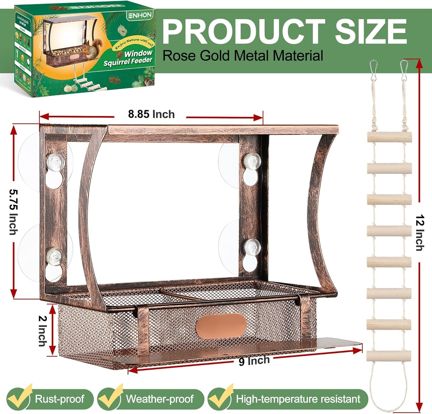 Enhon Window Squirrel Feeder, Metal Squirrel Feeders for Outside Winter with Strong Suction Cups & Ladders, Safe Funny Chipmunk Feeder, Feeding Shelter for Squirrels for Corn Peanuts