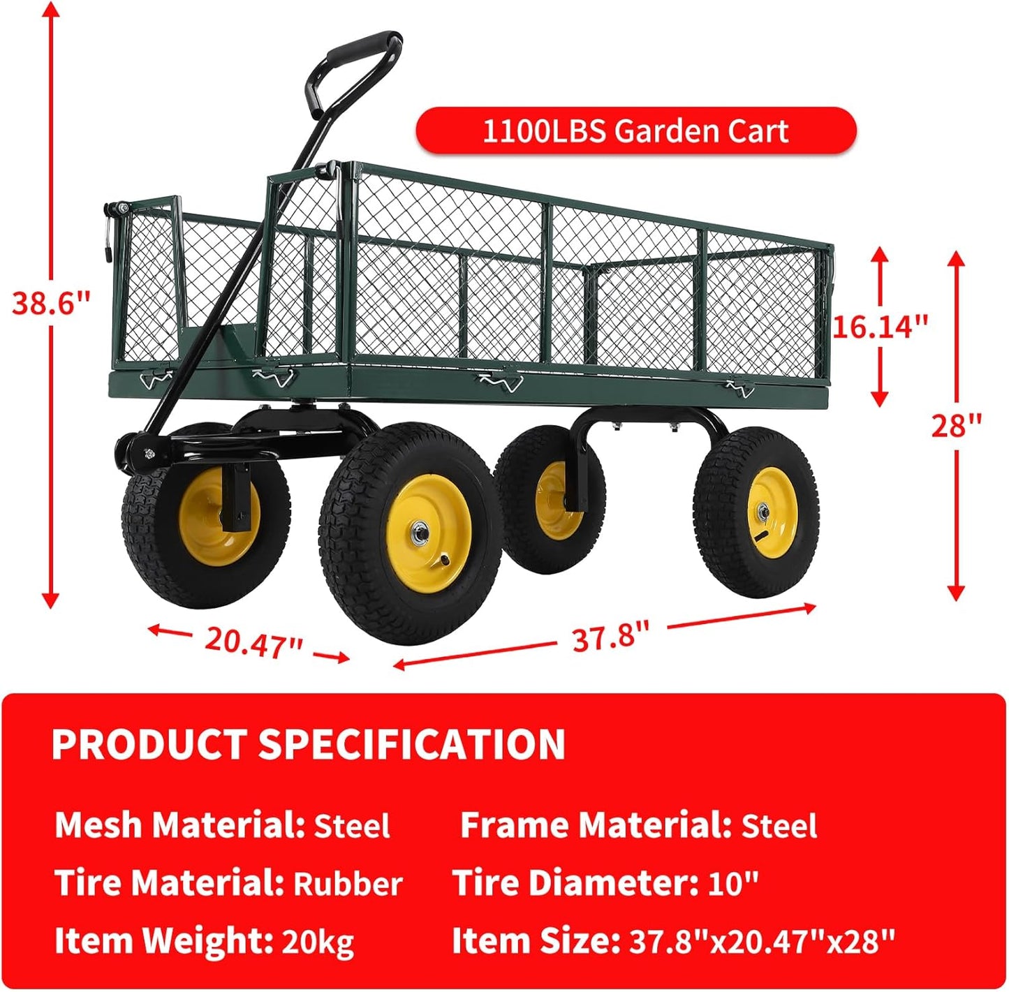 GarveeLife Garden Cart on Wheels 1100 LBS Capacity, Heavy Duty Full Steel Utility Wagon, Versatile Flatbed Carts with Removable Mesh Sides, 180° Rotating Handle, Fit for Outdoor Garden, Lawn, Yard