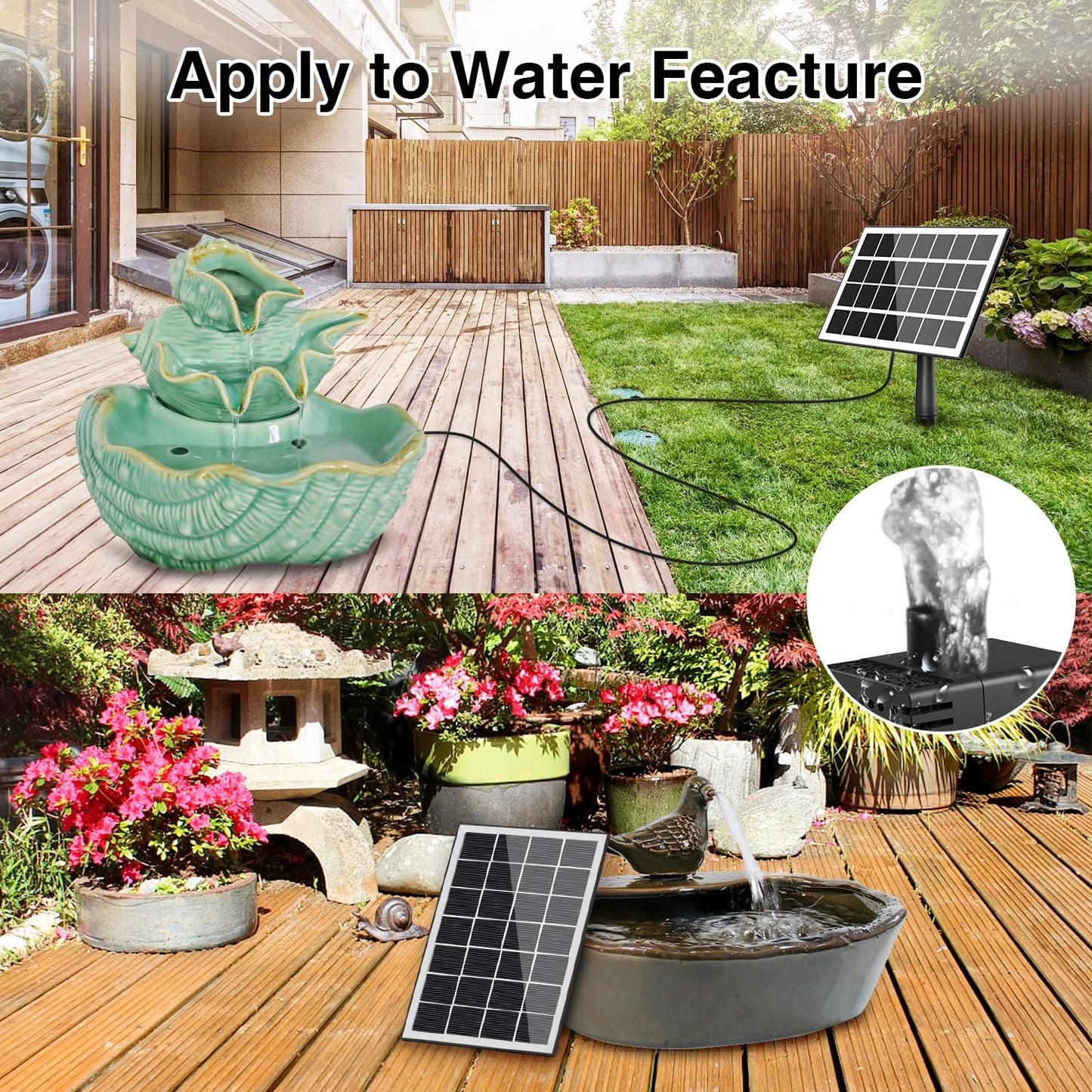 Jutai Solar Fountain Work in Cloudy Day with 2000mAH Battery Backup, 3.5W Glass Panel DIY Water Pump Kit with Sucker and Stake for Bird Bath, Water Feature,Garden, Outdoor-7 Nozzles,16.4ft Power Cord