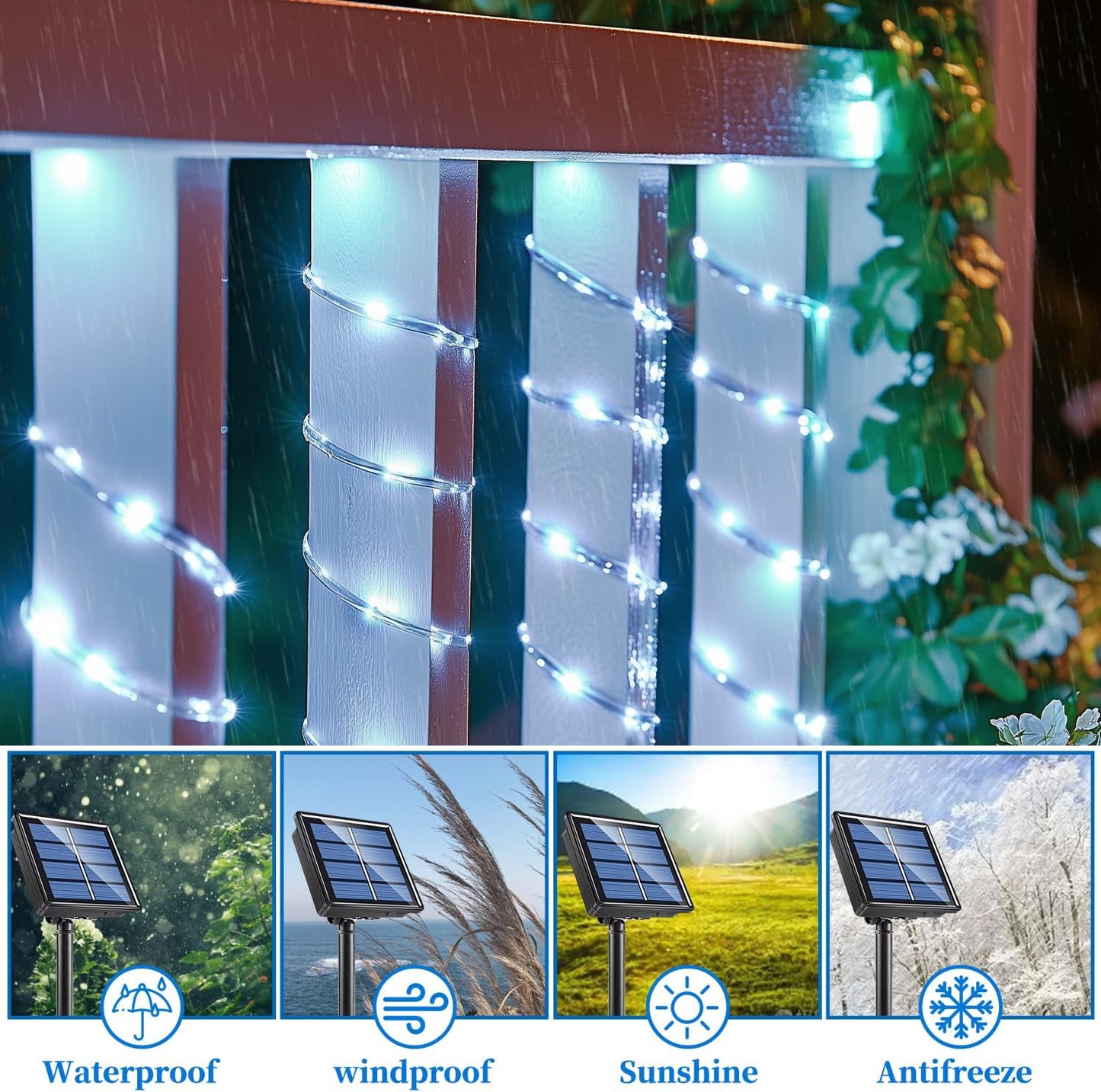 ANJAYLIA 33FT 100 LED Solar Rope Lights Outdoor Waterproof, Solar Powered Rope String Lights with 8 Modes for Outdoor, Patio, Garden, Camping, Holiday & Christmas Décor Cool White