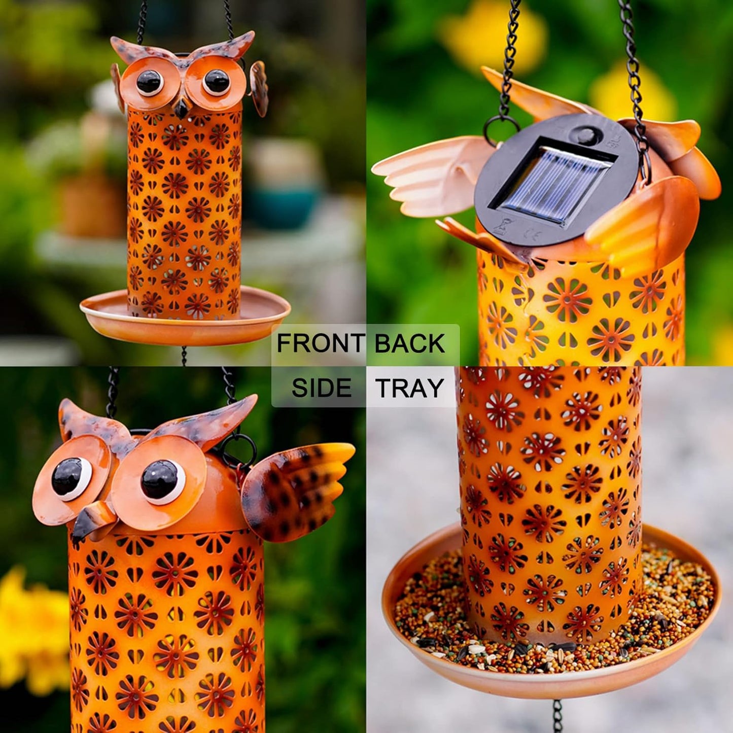 Solar Owl Bird Feeder for Outdoors Hanging - Metal Outside Wild Bird Feeders,Solar Light, Garden Backyard Decoration,Gifts for Bird Lovers,Family, Friends,Elderly.10 High x 6.5" Dia