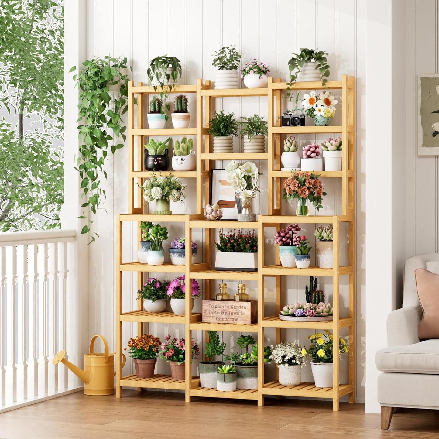 FOTOSOK Bamboo Shelf, 7 Tier Plant Stand Indoor, 3 Row Ladder Shelf, Bookshelf and Bookcase, Plant Shelves with Adjustable, Corner Display Stands, Flower Stand for Living Room Balcony Kitchen Natural
