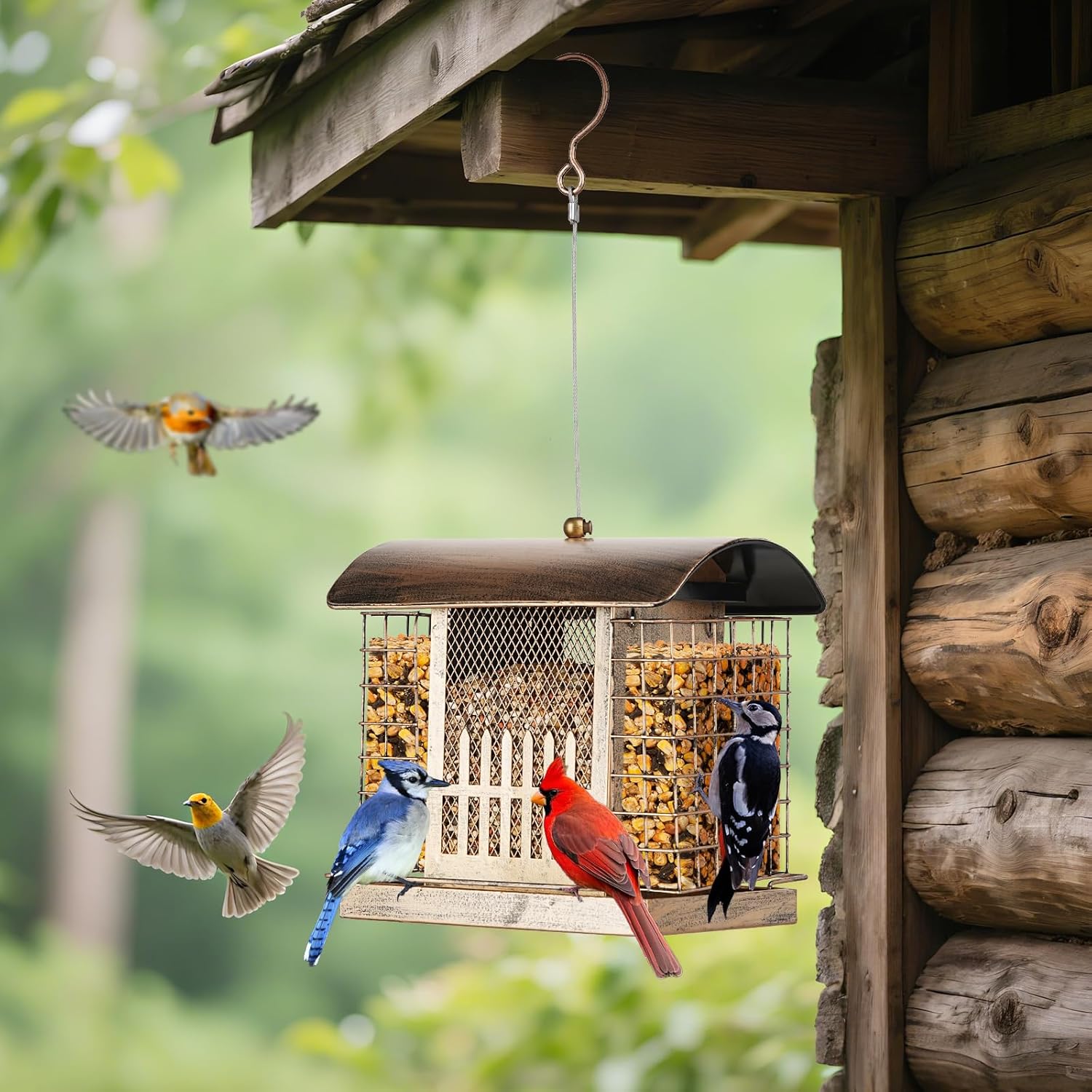 Suet Bird Feeder Outdoor Hanging with 2 Metal Mesh Cages - Attracts Wo
