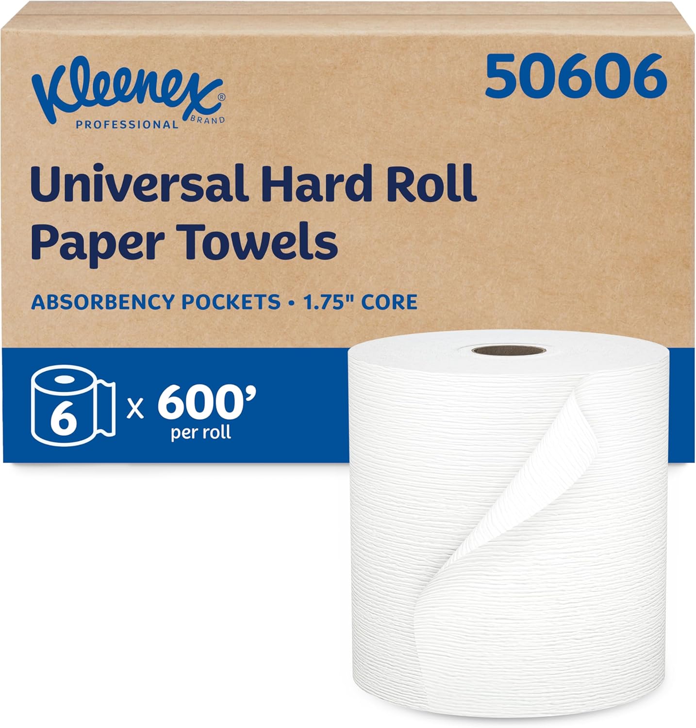 Kleenex Professional Universal Hard Roll Paper Towels, Bulk (50606), Hardwound 1.75" Core, Premium Absorbency Pockets, White (6 Rolls at 600' Each, 3,600'/Case)