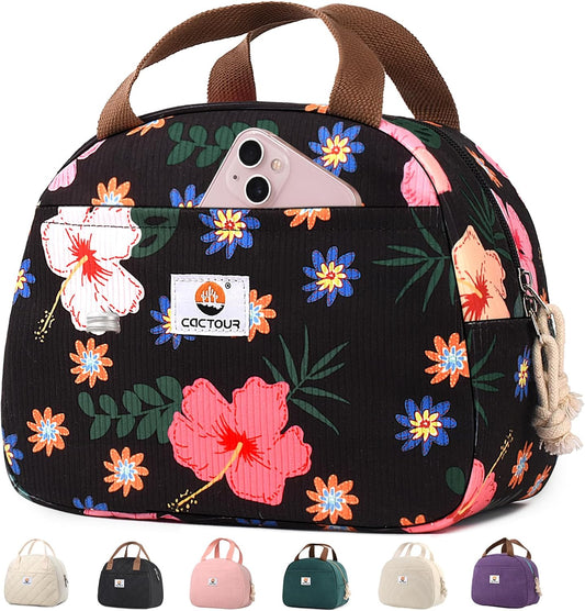 Lunch Box for Women Girls Teens,Cute Lunch Box Cooler Bag, Portable Insulated Small Lunch Bag Women Reusable Corduroy Lunch Tote for Work/Travel/Picnic/School (Flower)