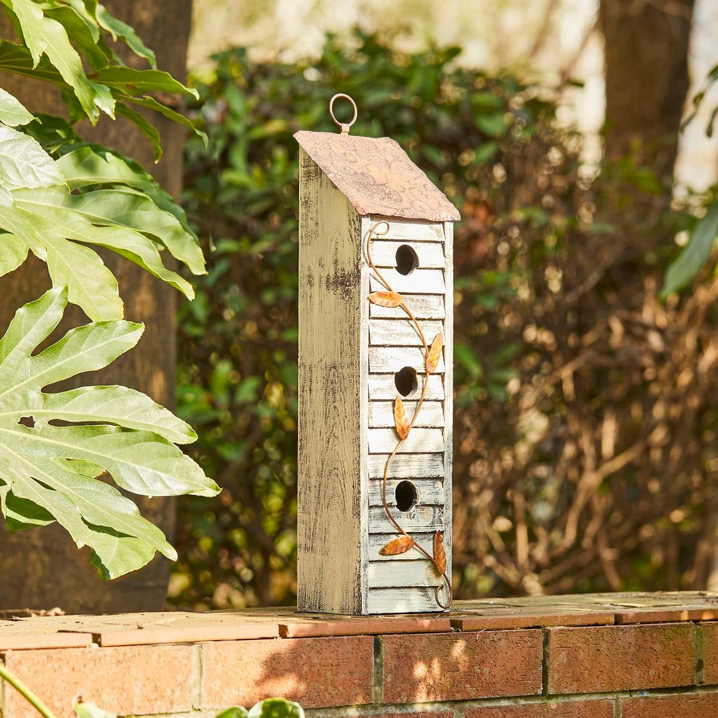 Glitzhome Bird Houses for Outside, 18" H Three-Story Solid Wood Cottage Decorative Garden Birdhouse Wooden Bird Houses with Shutter Texture Hanging Hanging Birdhouses for Outdoors,Washed White