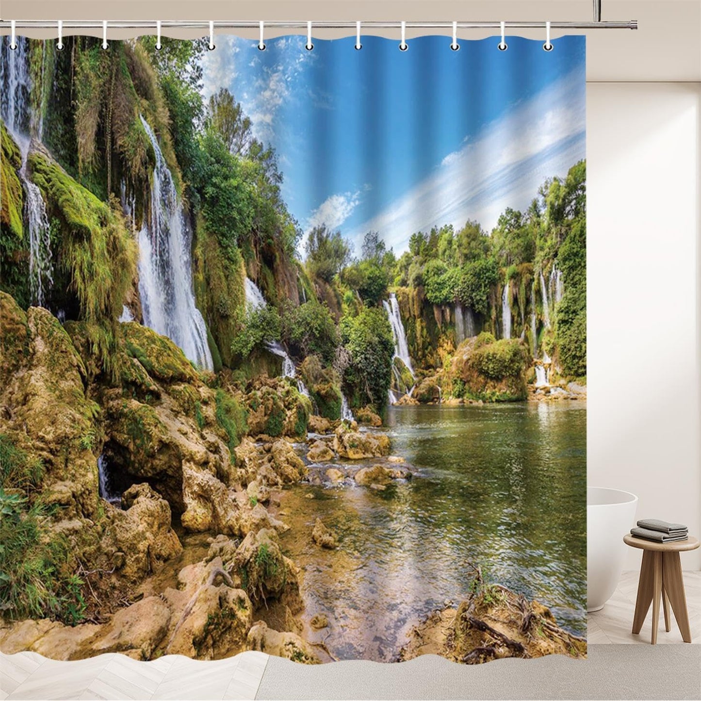 Waterfall Landscape Shower Curtains Outdoor Nature Scenery Lakes Cliffs Green Plant Spring View Home Bathroom Decor Polyester Fabric Bath Curtain Sets 70x70 Inch with Hook