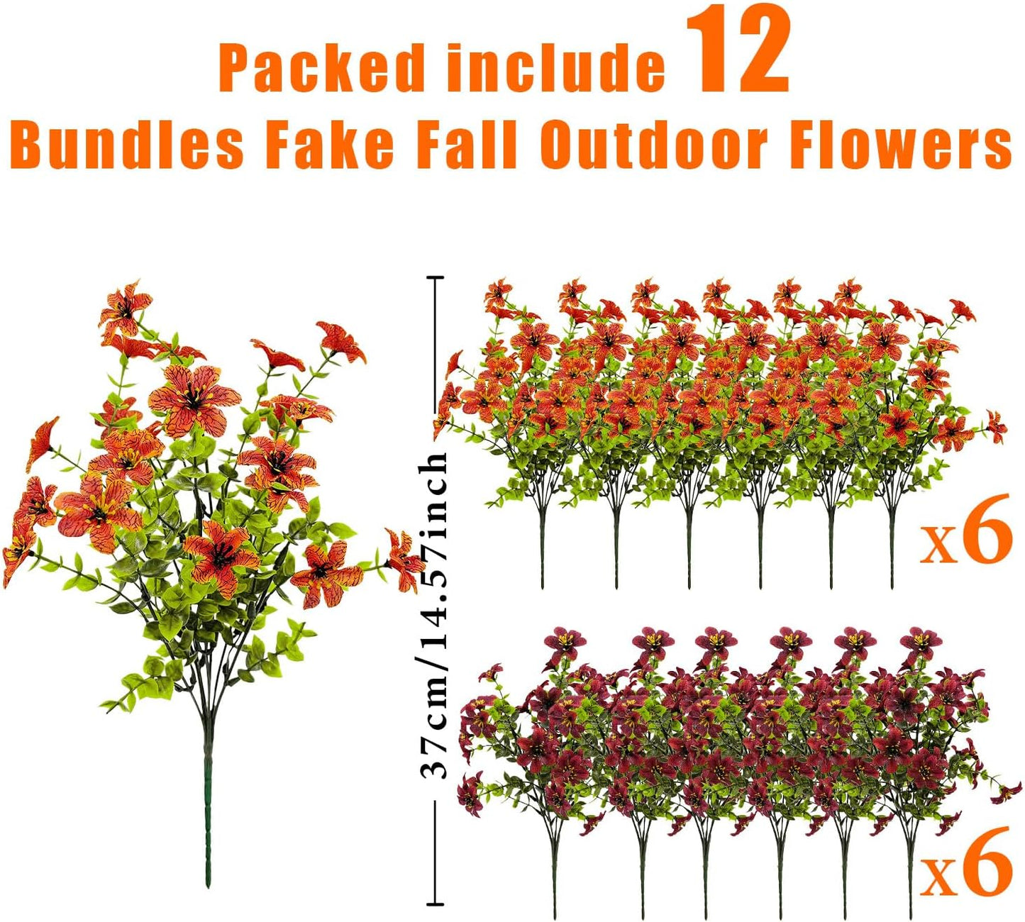 12 Bundles Faux Fall Flowers Artificial Mums for Outdoors Fake Plants UV Resistant for Planters Pots Garden Outside Front Porch Patio Hanging Basket Home Autumn Decoration (Orange+Brown)
