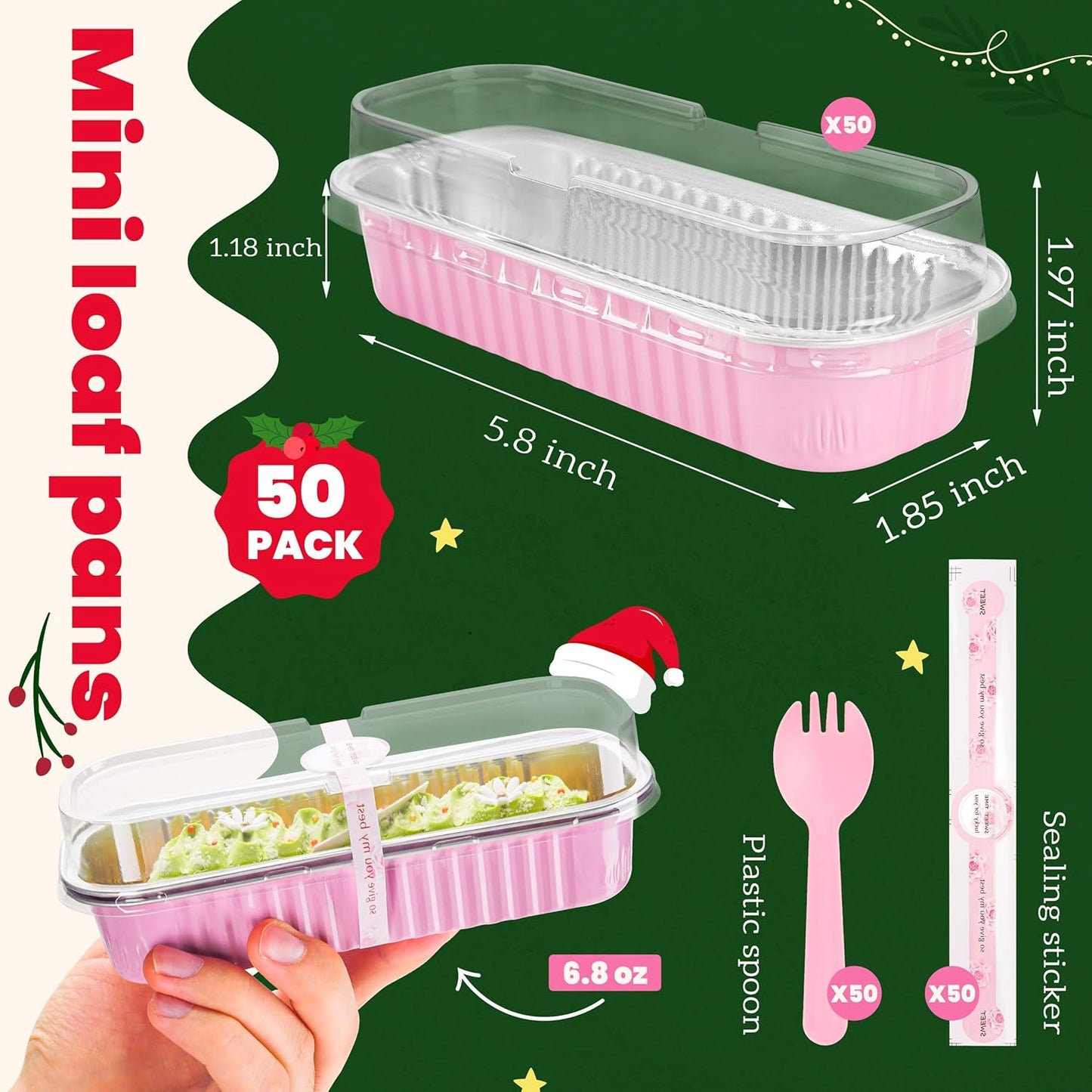 50 PACK Mini Cake Pans with Lids and Spoons,Rectangular Aluminum Foil Bread Pan,Mini Loaf Pans and Food Containers with Lids(Pink,6.8oz)