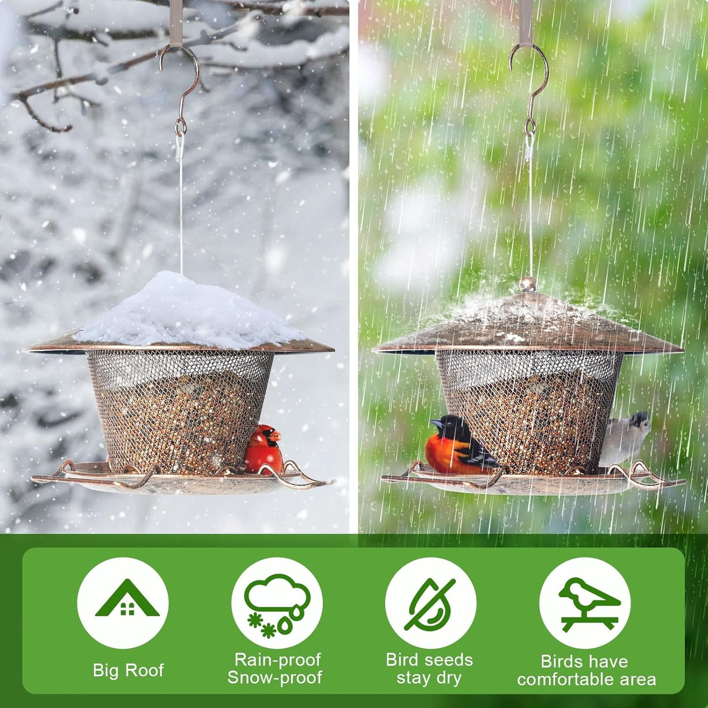 Bird Feeder for Outdoor, Rainproof Weatherproof Metal Hanging Wild Bird Feeder with 9.8" Roof 3 LBs Seeds Capacity, Easy to Clean & Refill