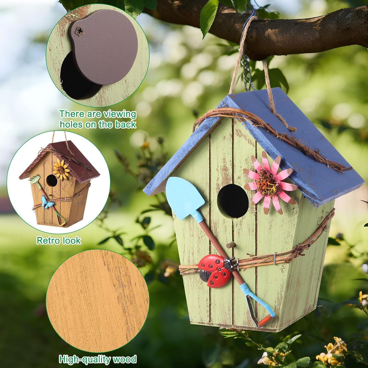 2 Pcs Birdhouses for Outdoor Hanging Yard Outside Wooden Birdhouse Hand Painted Bird Box for Bird Lovers Bluebird Tree Garden Decor Decorative Birdhouse(Bright Color,Wooden Roof)