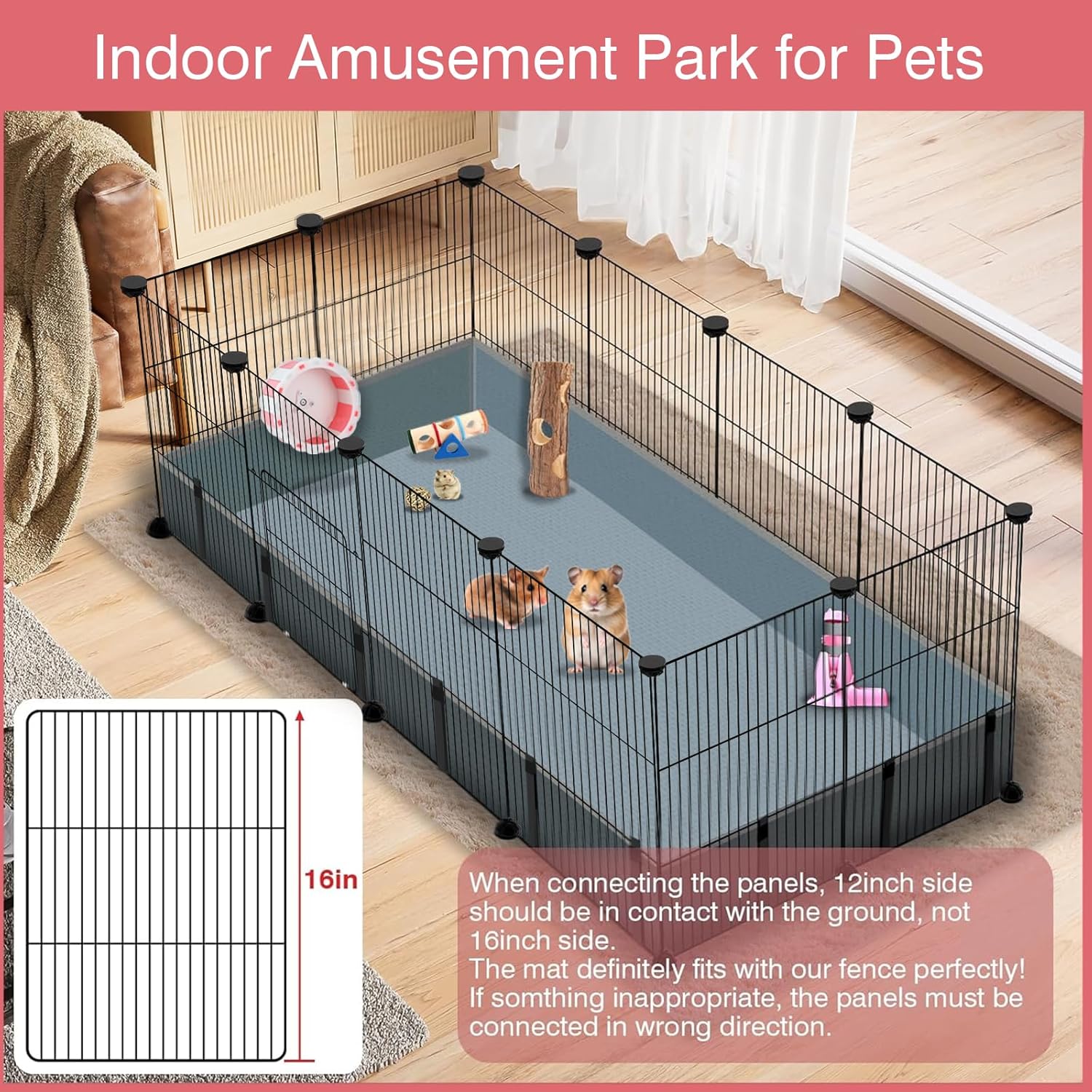 12 Panels Small Animal Playpen, 48" x 24" x 16" Pet Playpen with Water