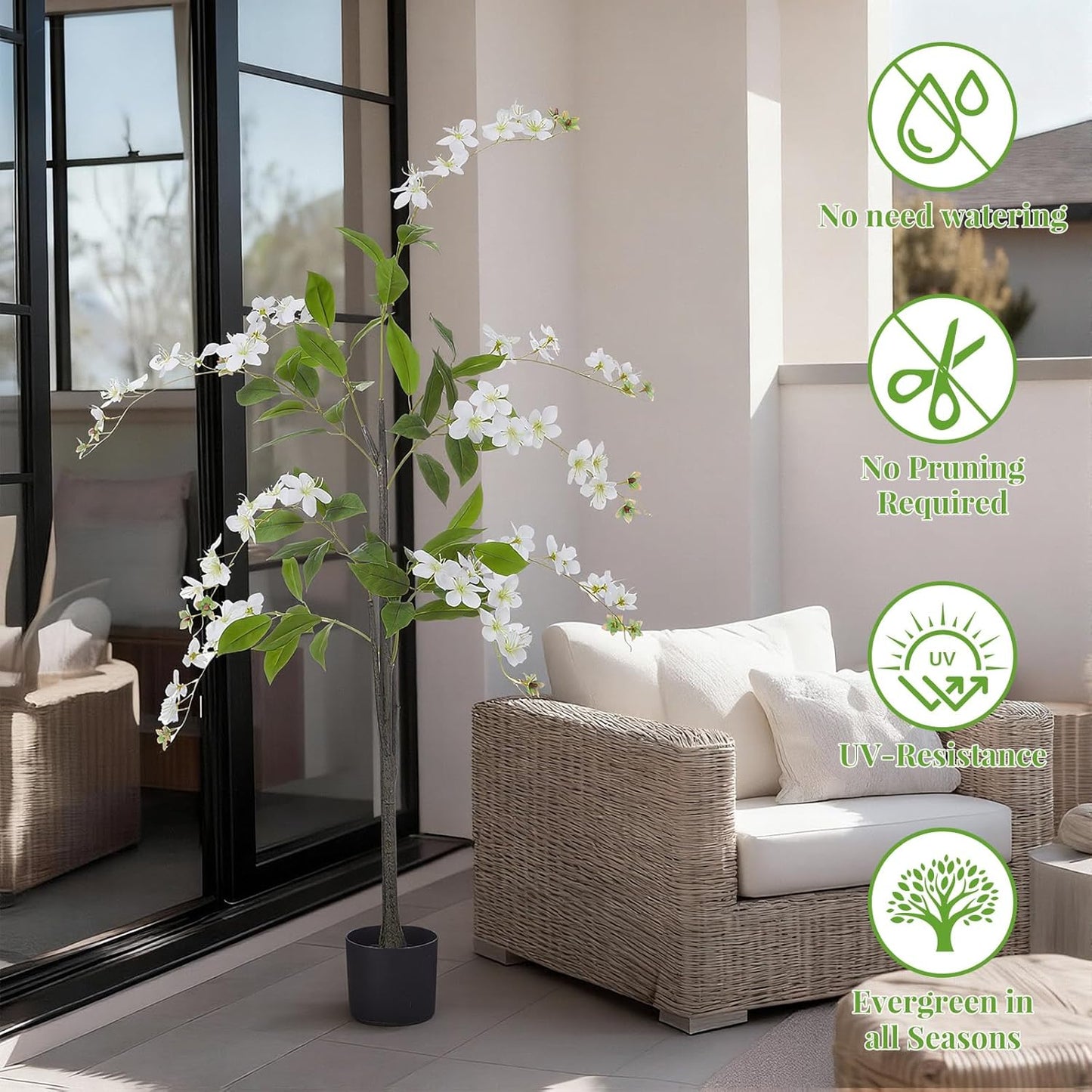 2 Pack 5 ft Artificial Jasmine Flower Tree Faux Flower Tree with Planter UV Resistant Potted Blooming Fake Floor Plant for Indoor Outdoor Home Living Room Office Wedding