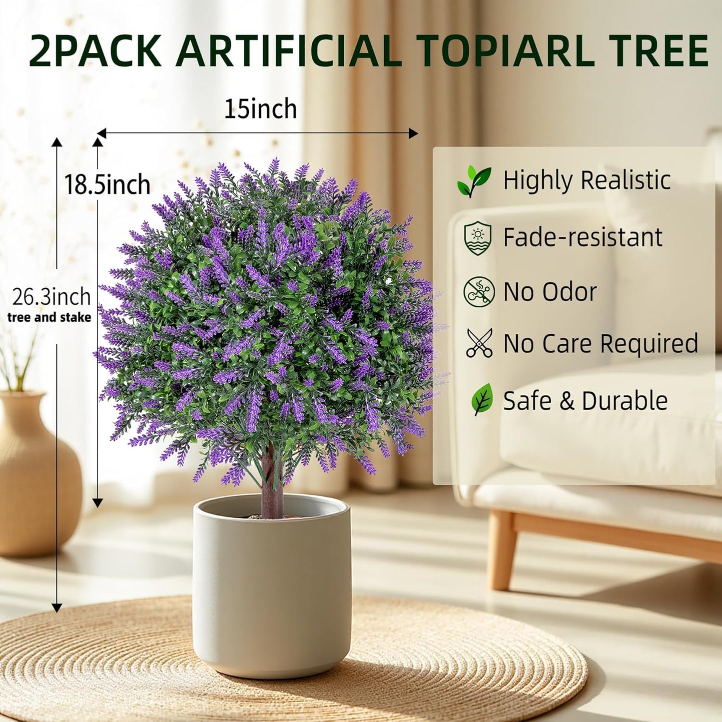 QCQHDU Artificial Lavender Topiary Ball Bush for Outdoor,26.3" Fake Trees Evergreen Plants with Ground Spike,UV Resistant Faux Shrubs for Indoor,Garden,Yard,Front Porch,Patio,Office Decor,2 Pack