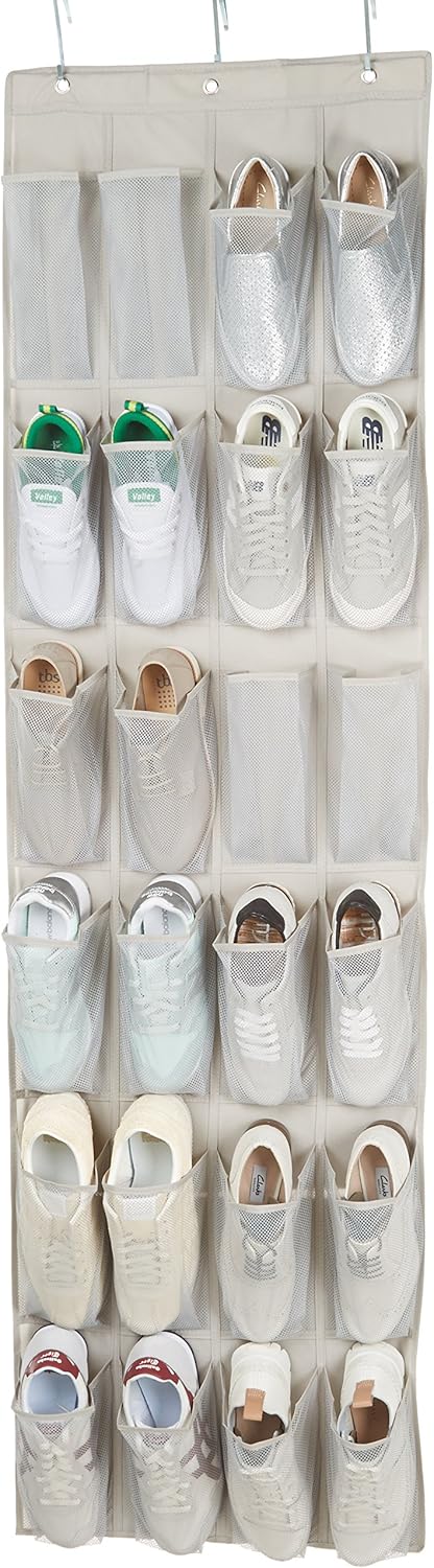 Amazon Basics 24 Medium Mesh Pocket Over-the-Door Hanging Shoe Organizer, Space Saving Shoe Storage, Light Grey | Over-the-Door, 24