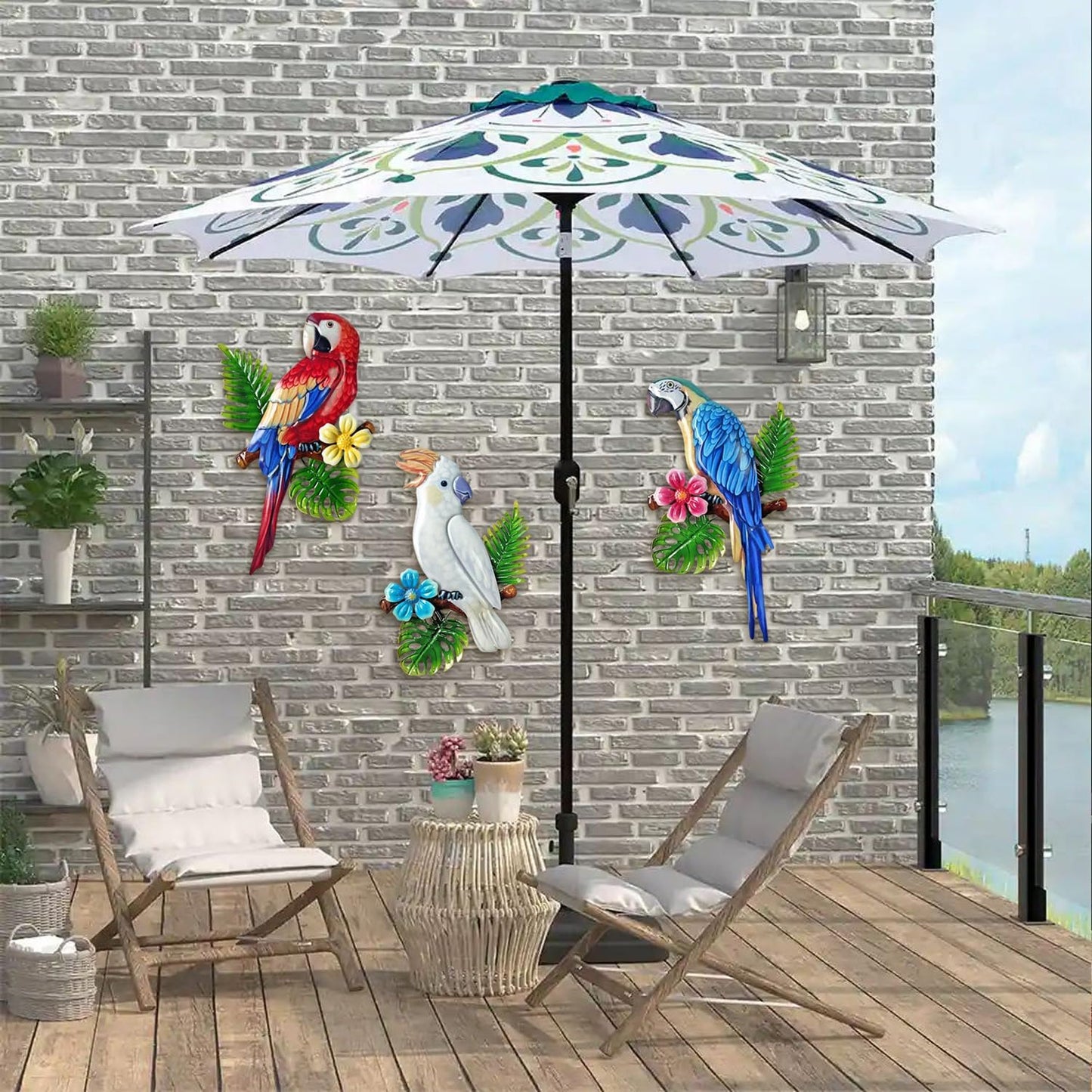 Limygus 3 Pcs Metal Parrot Wall Art Decor Set - Tropical Vivid Parrots on Branch, Outdoor Indoor Hanging Decor for Garden Fence Courtyard Patio