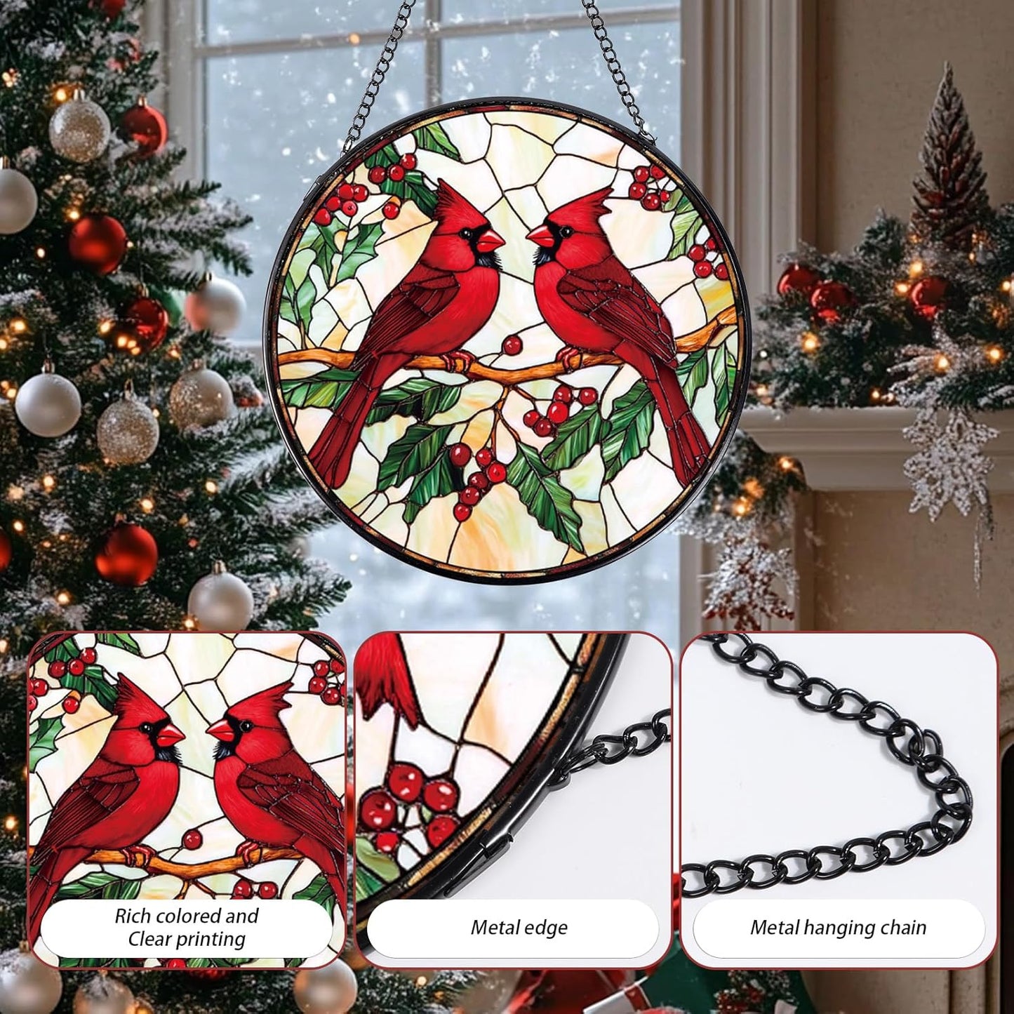 Cardinal Stained Glass Window Hanging, Cardinal Sun Catchers Indoor Window Gifts for Women Mother's Day, Wall Art SunCatchers Decor Gift for Home Garden Doors Christmas