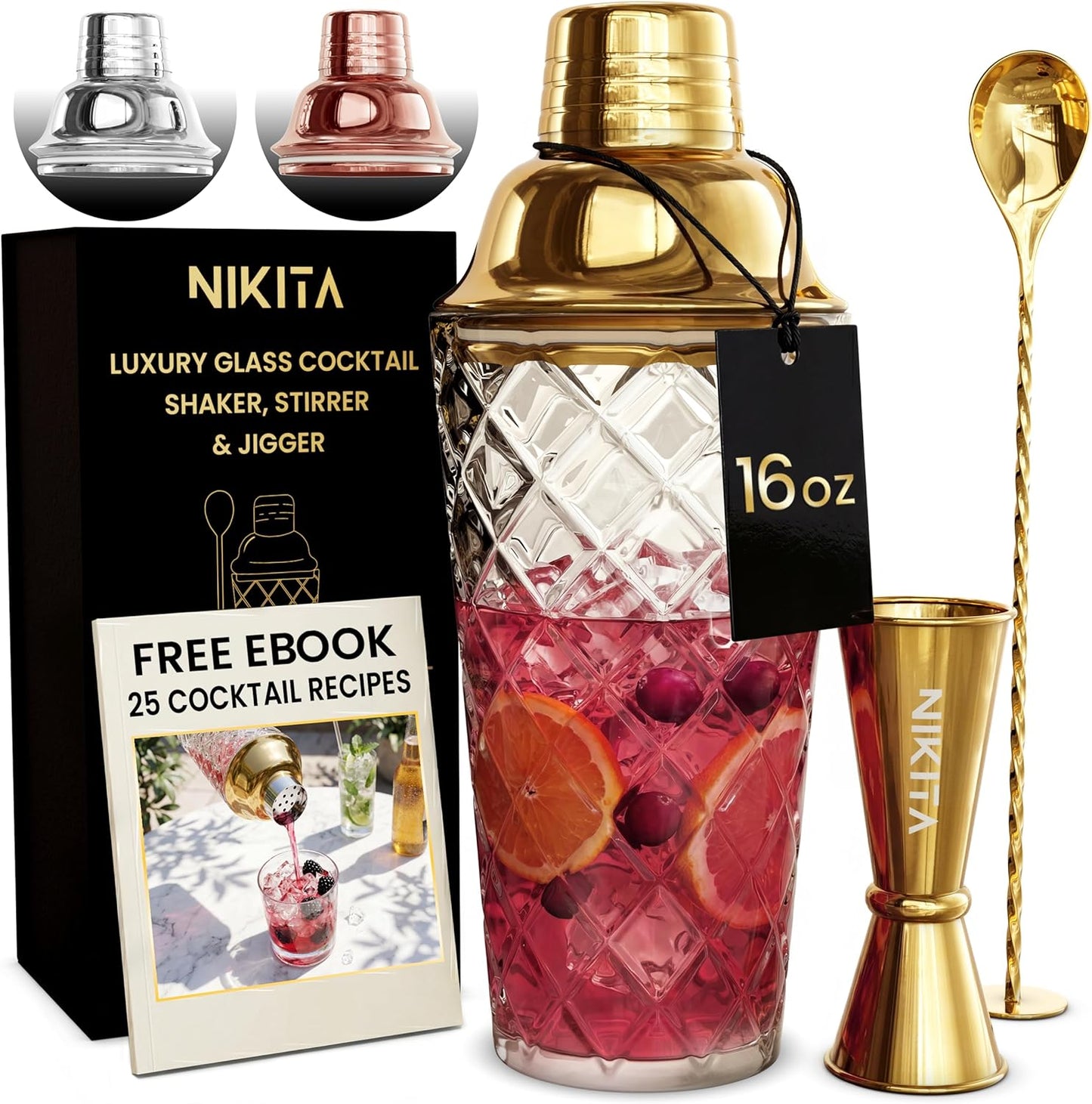 NIKITA by Niki Glass Cocktail Shaker Set, 5-Piece Martini Shaker & Bar