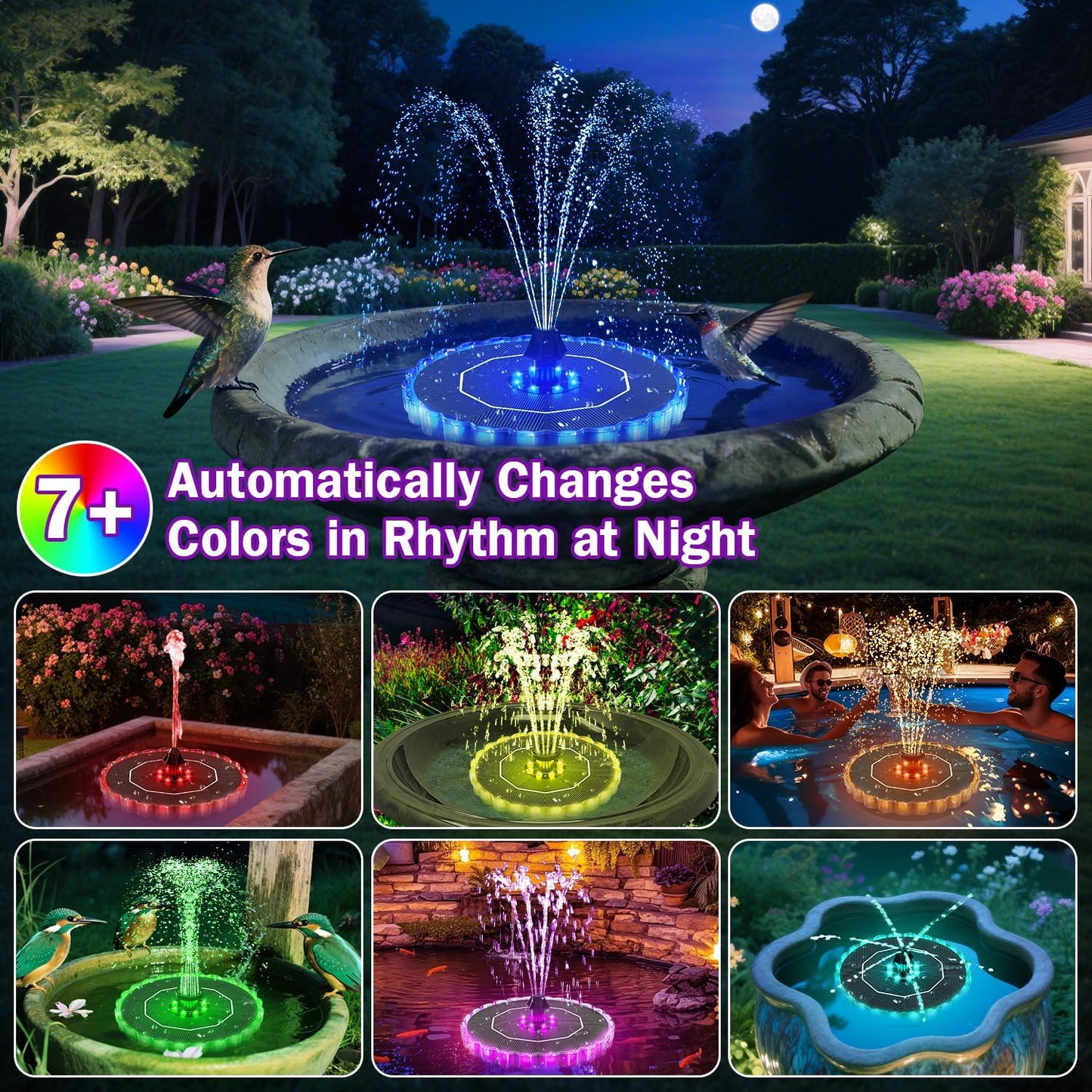 SZMP 3.5W Solar Fountain for Bird Bath with 2000mAh Battery & 3D Color