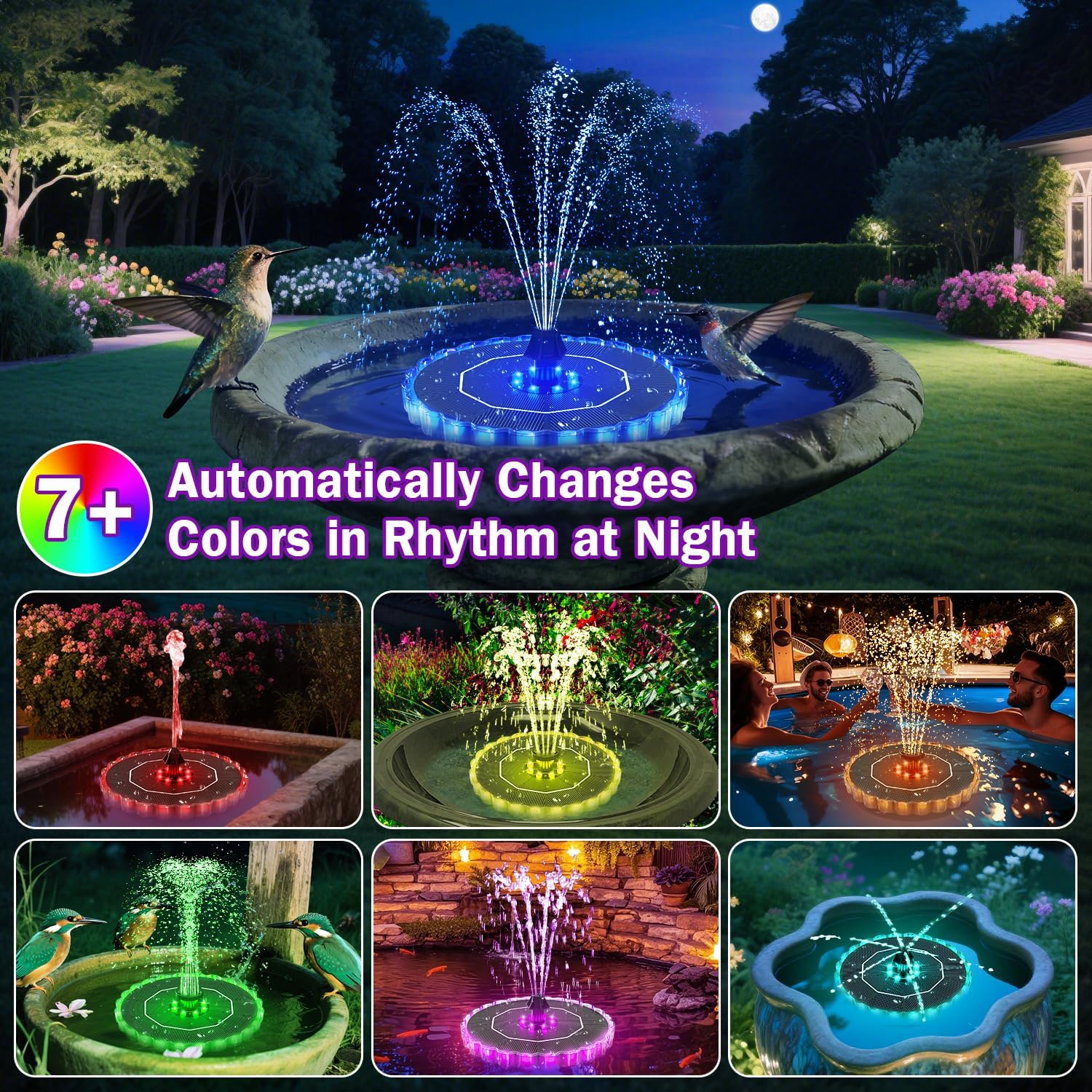 SZMP 3.5W Solar Fountain for Bird Bath with 2000mAh Battery & 3D Color