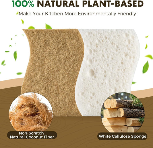 COBETE 12 Pack Natural Biodegradable Kitchen Non Scratch Sponges,Compostable Plant Based Coconut Cellulose Sponge,Eco Friendly Reusable Dish Scrubber Sponge for Pots, Pans & Household Cleaning