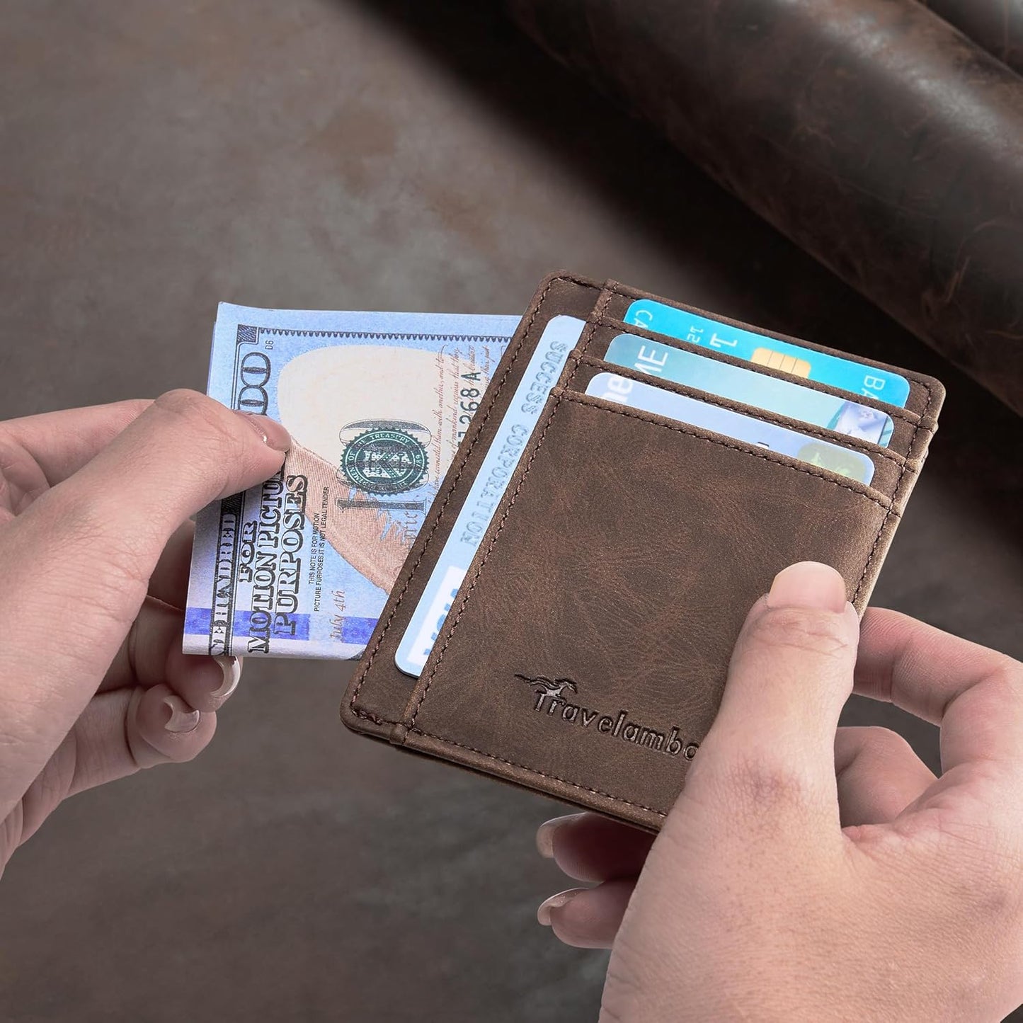Travelambo Slim Wallet Front Pocket Minimalist Leather RFID Blocking M