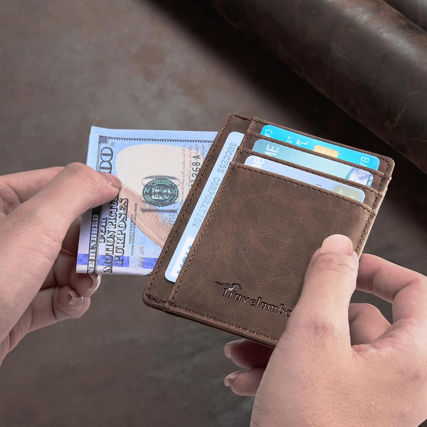 Travelambo Slim Wallet Front Pocket Minimalist Leather RFID Blocking M