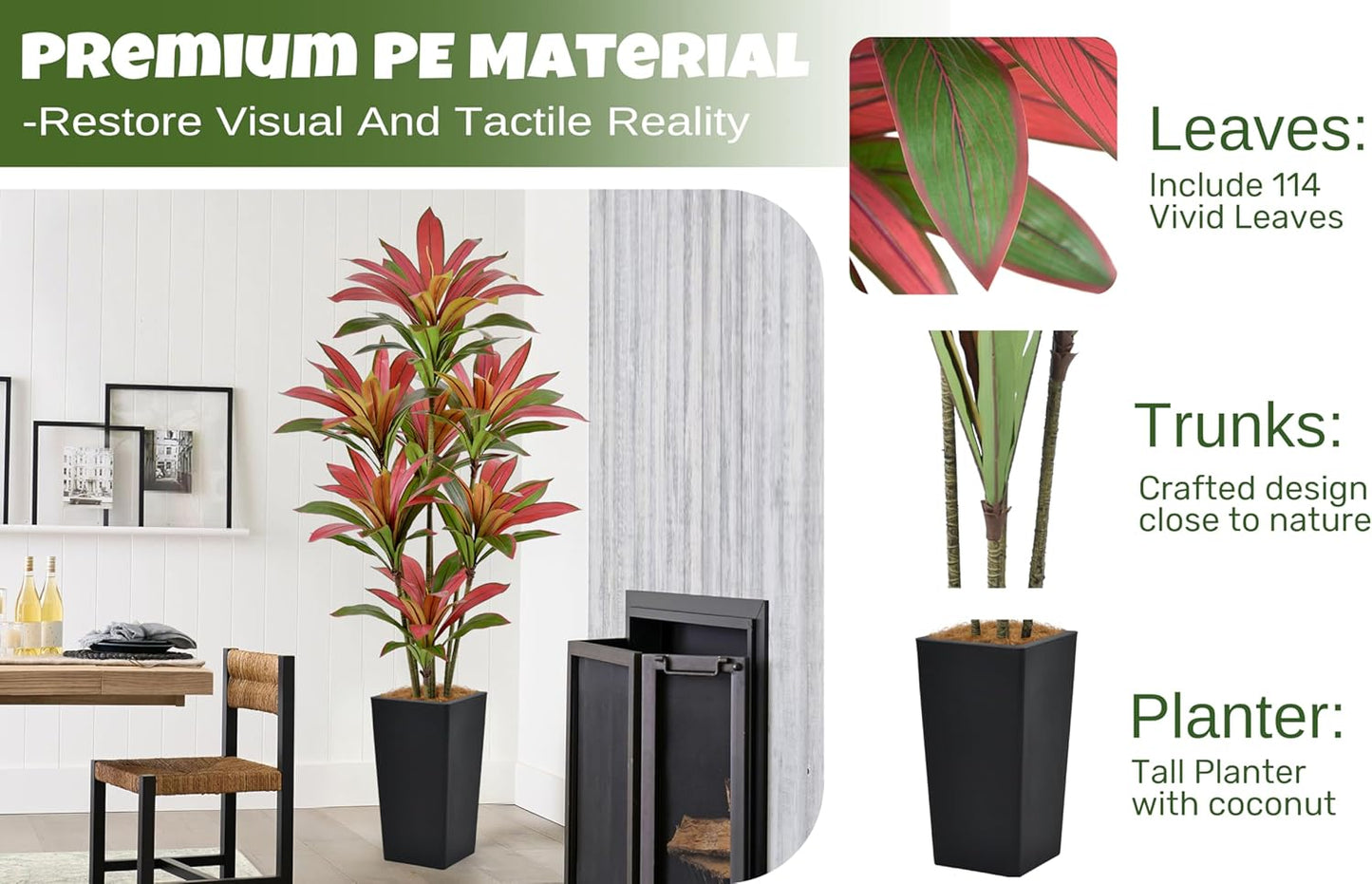 Artificial Red Dracaena Tree 6FT with 114 Leaves & 7 Heads & Black Tall Planter Cover with Coconut Fiber Tall Faux Tropical Silk Bicolor Plant 72 Inch for Indoor Home Office Porch Mall Decor