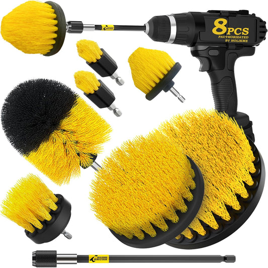 Holikme 8 Piece Drill Brush Attachments Set, Power Scrubber with Extend Long Attachment，Cleaning Supplies for Bathtub, Shower, Grout, Tile(Yellow)