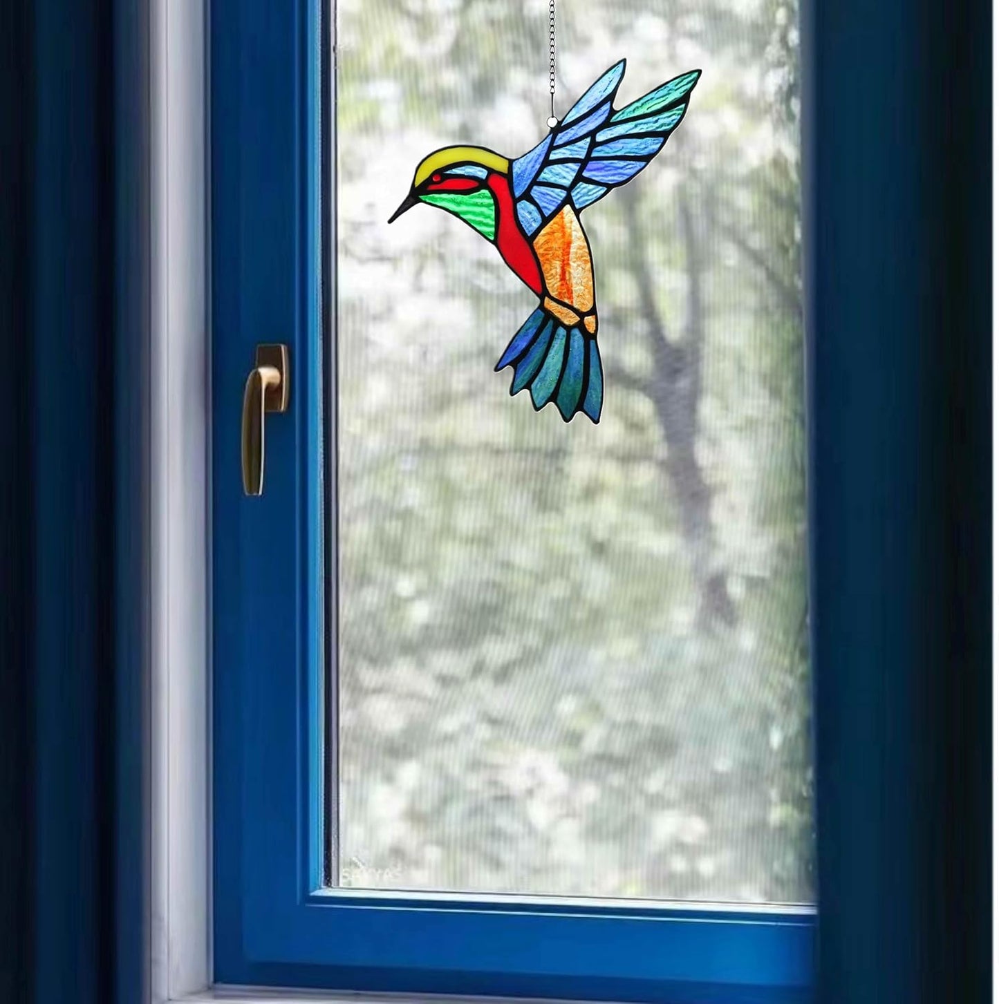 Birds Stained Glass Window Hangings, Handmade Hummingbird Gifts Suncatcher for Window Decor,Sun Catcher Bird Decoration Gifts for Mom,Bird Lovers (Blue-Winged)