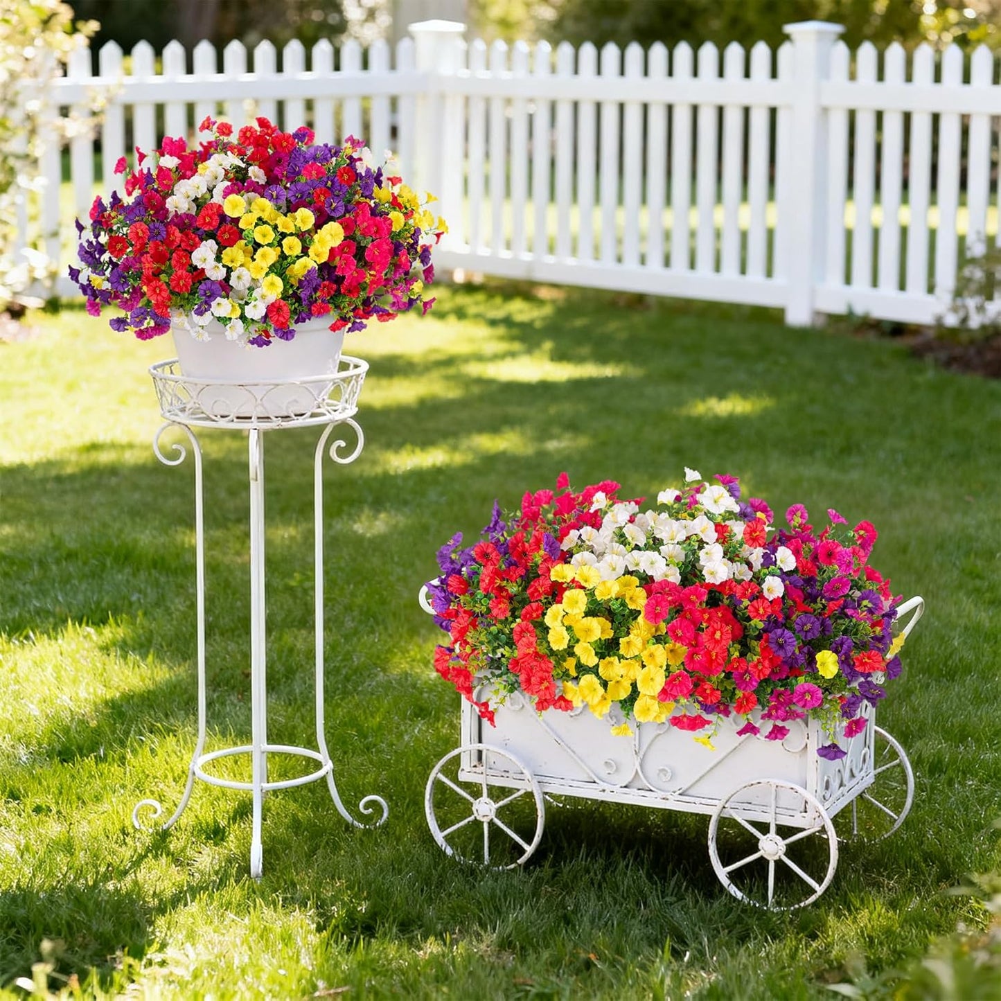 Artificial Flowers for Outdoors, 12 Bundles Fake Plastic Petunias Flower Plant, Faux UV Resistant Silk Morning Glory for Outside Planter Garden Front Porch Door Spring Summer Decor