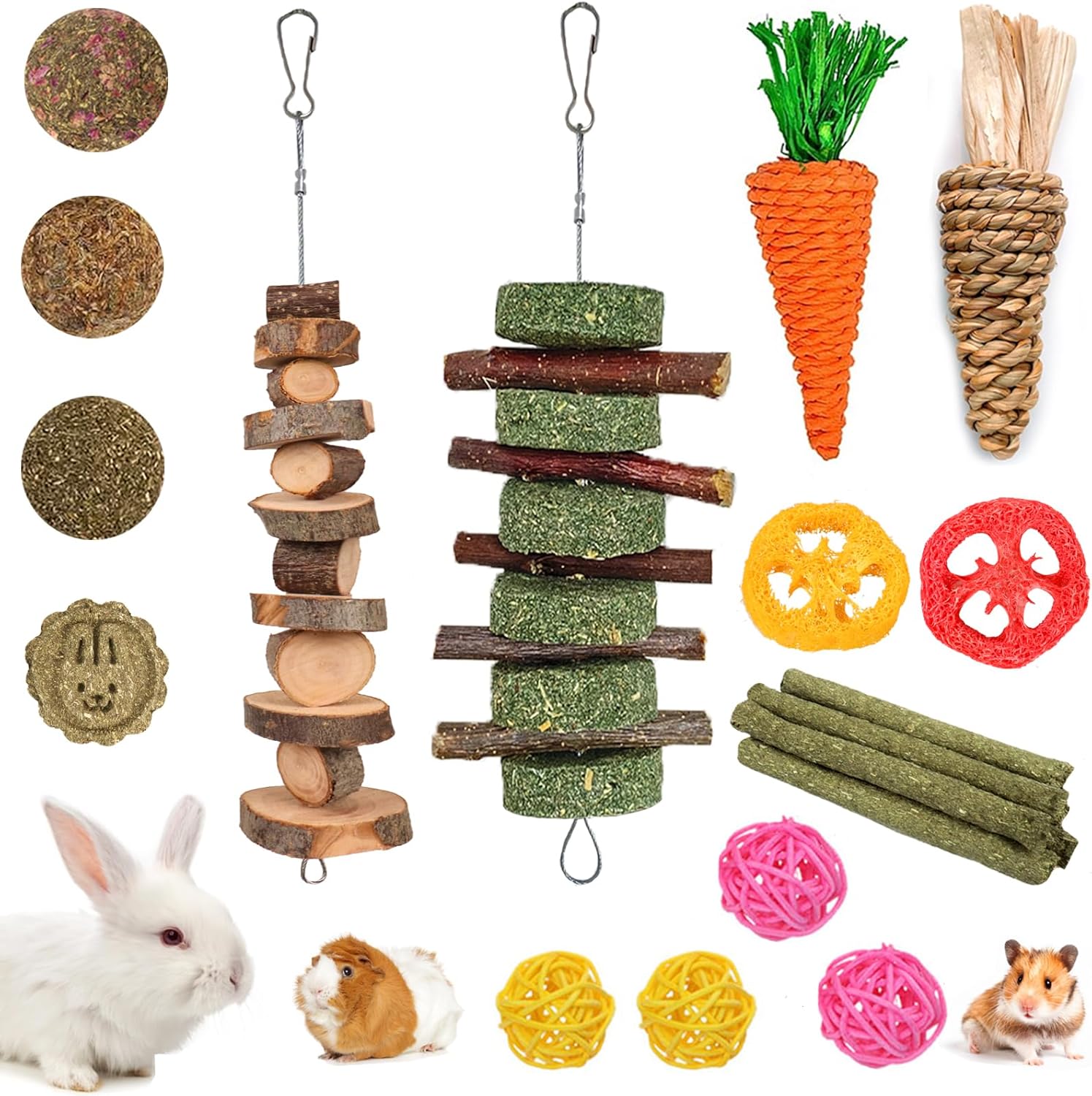 Grddaef 20 PCS Bunny Chew Toys for Teeth, Natural Rabbit Toys Apple Wo
