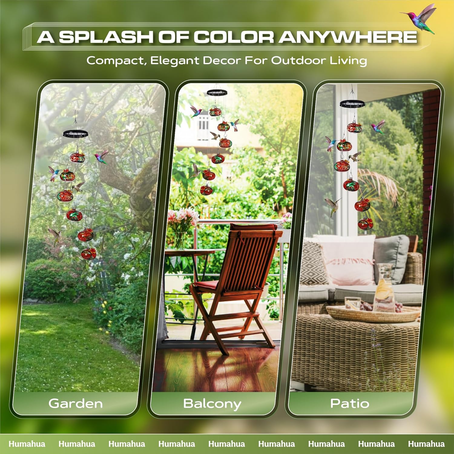 Glass Hummingbird Feeder with Wind Chimes, Hanging Outdoor Bird Feeder