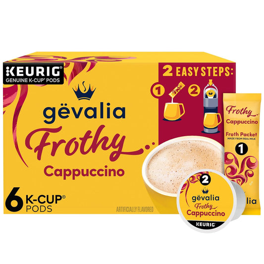 Gevalia Frothy 2-Step Artificially Flavored Cappuccino Espresso Style K‐Cup Coffee Pods & Froth Packets Kit, 6 ct. Box