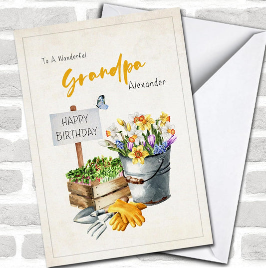 Grandpa Watercolour Flowers Sprouts And Garden Tools Card Birthday Car