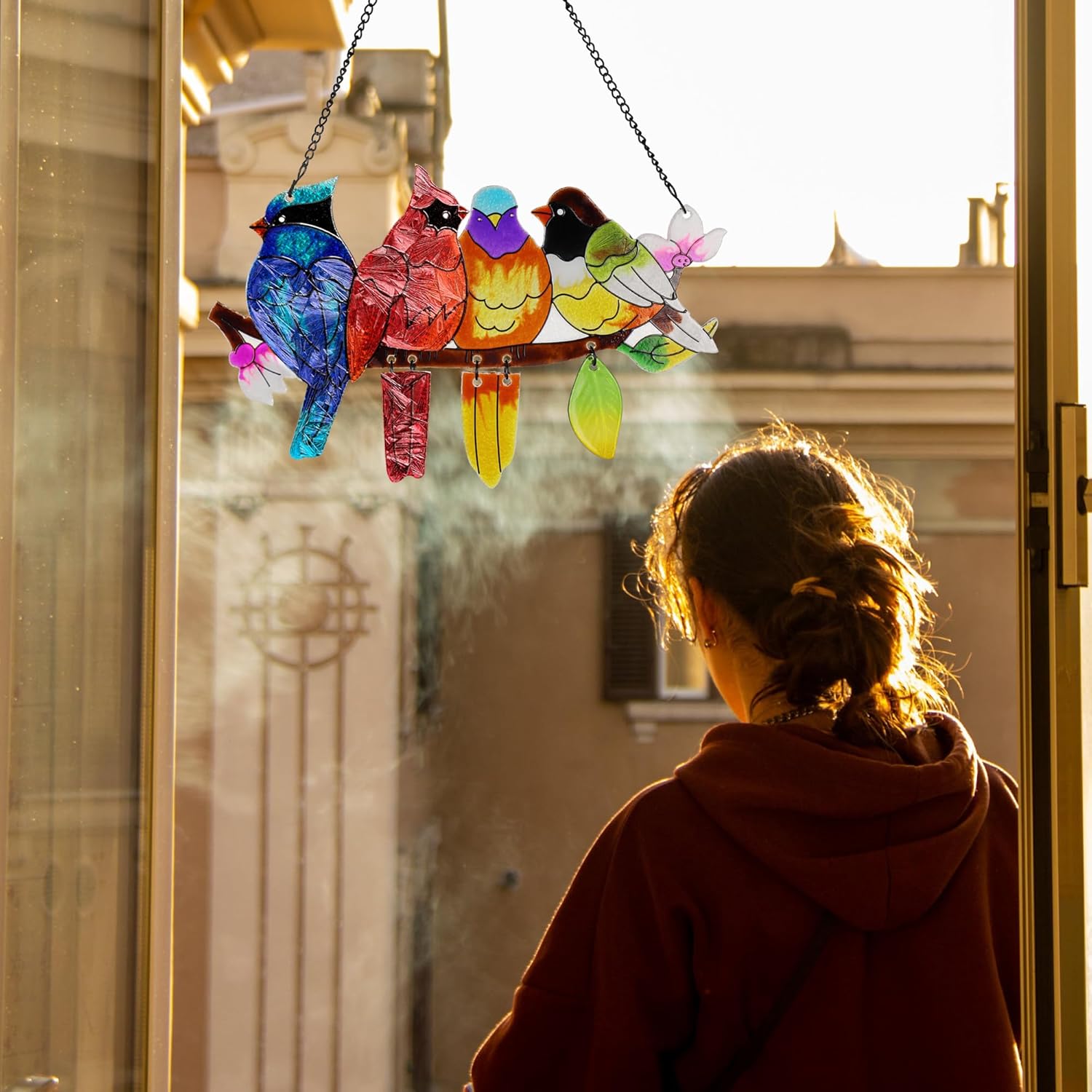 Stained Glass Window Hanging, Birds on A Branch Stain Glass Suncatcher