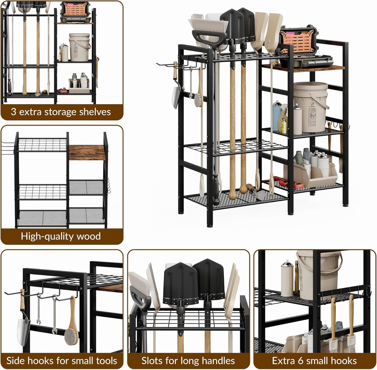 Garden Tool Organizer for Garage,3 Tier Garden Tools Rack with 8 Hooks,Up to 35 Long-Handled Tools/Rakes/Brooms, Heavy Duty Steel Garage Tool Stand for Shed, Outdoor, Black