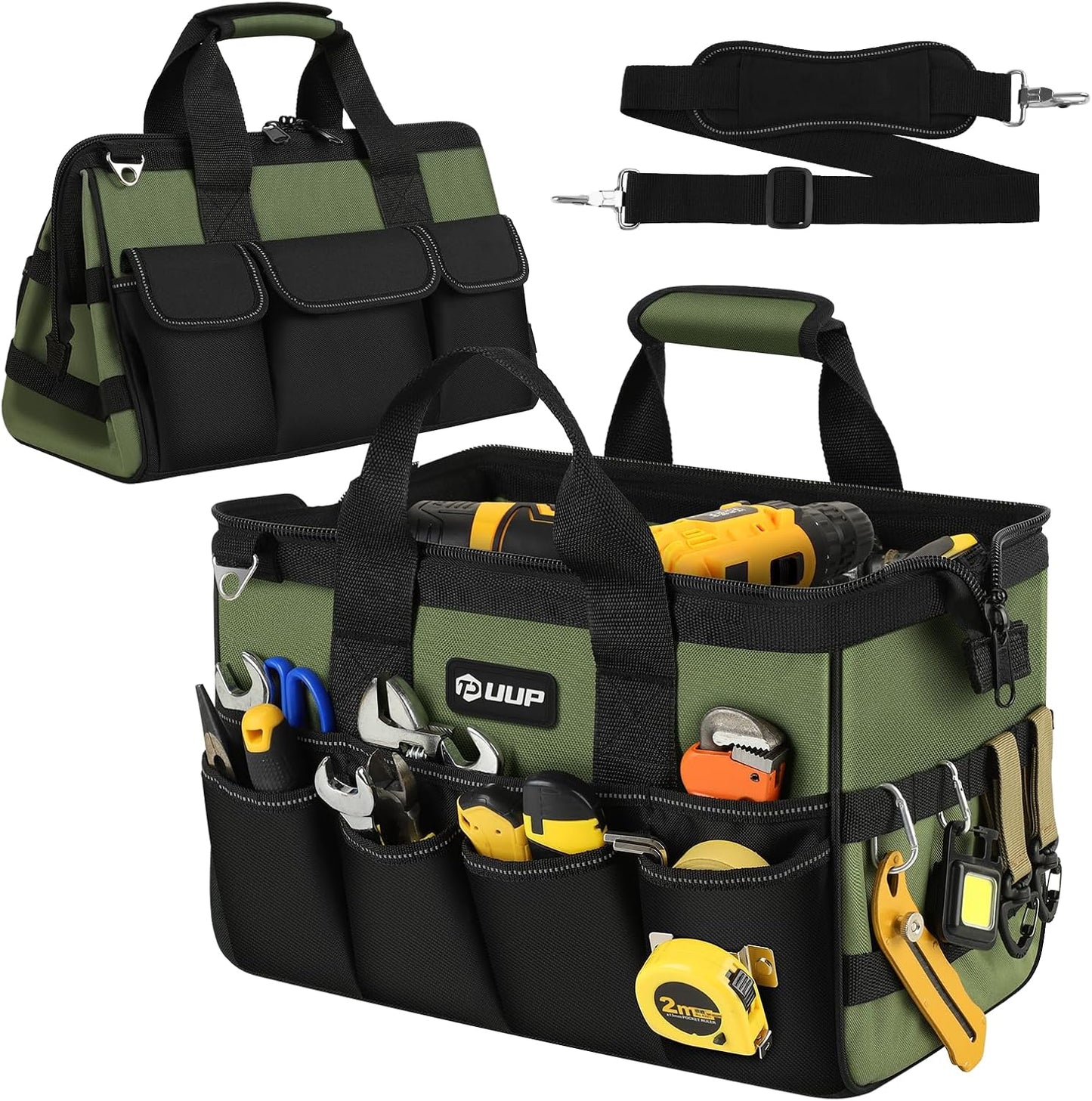 Heavy Duty Tool Bag 15-Inch, 16-Pocket Portable Empty Tool Box Organizer, Big Storage Toolbox Organization, Soft Handle Large Zipper Carrying Toolbag, Father Day Gifts for Him Dad Men, Green